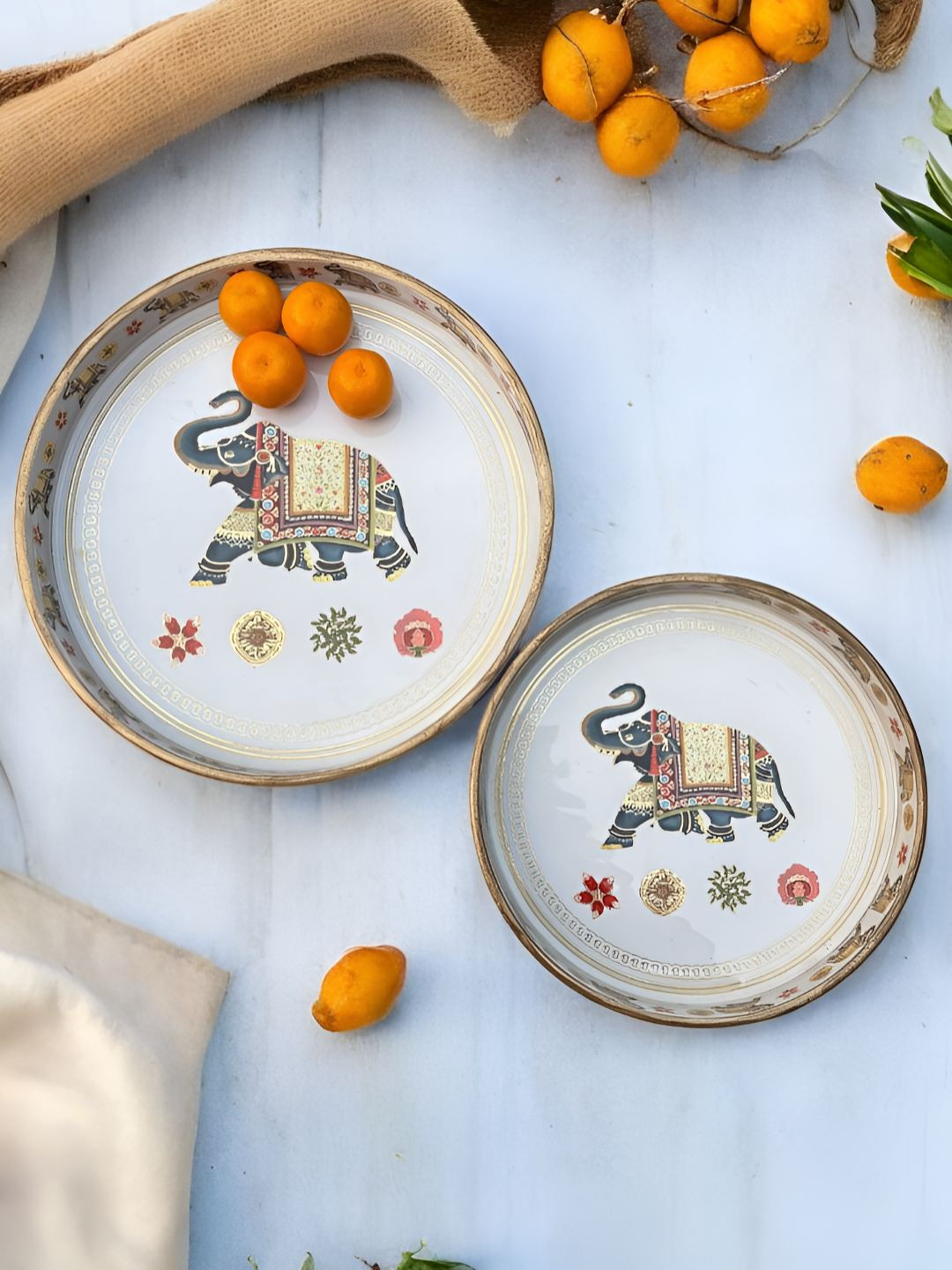 DULI Brown 2 Pieces Printed Round Enamel Coated Wood Easy to Clean Serving Tray