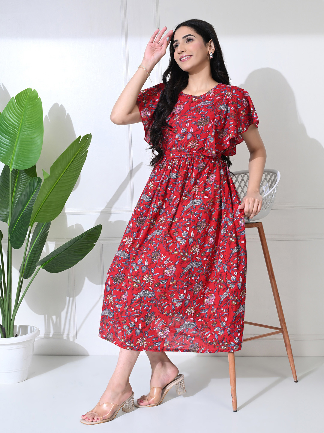 SILAKIVA Floral Printed Round Neck Short Sleeves Fit And Flare Ethnic Dress