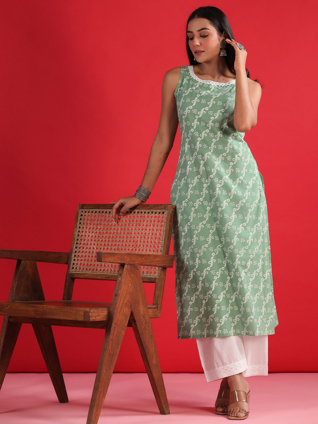 Indo Era Ethnic Motifs Printed Round Neck Machine Weave Pure Cotton Straight Kurta