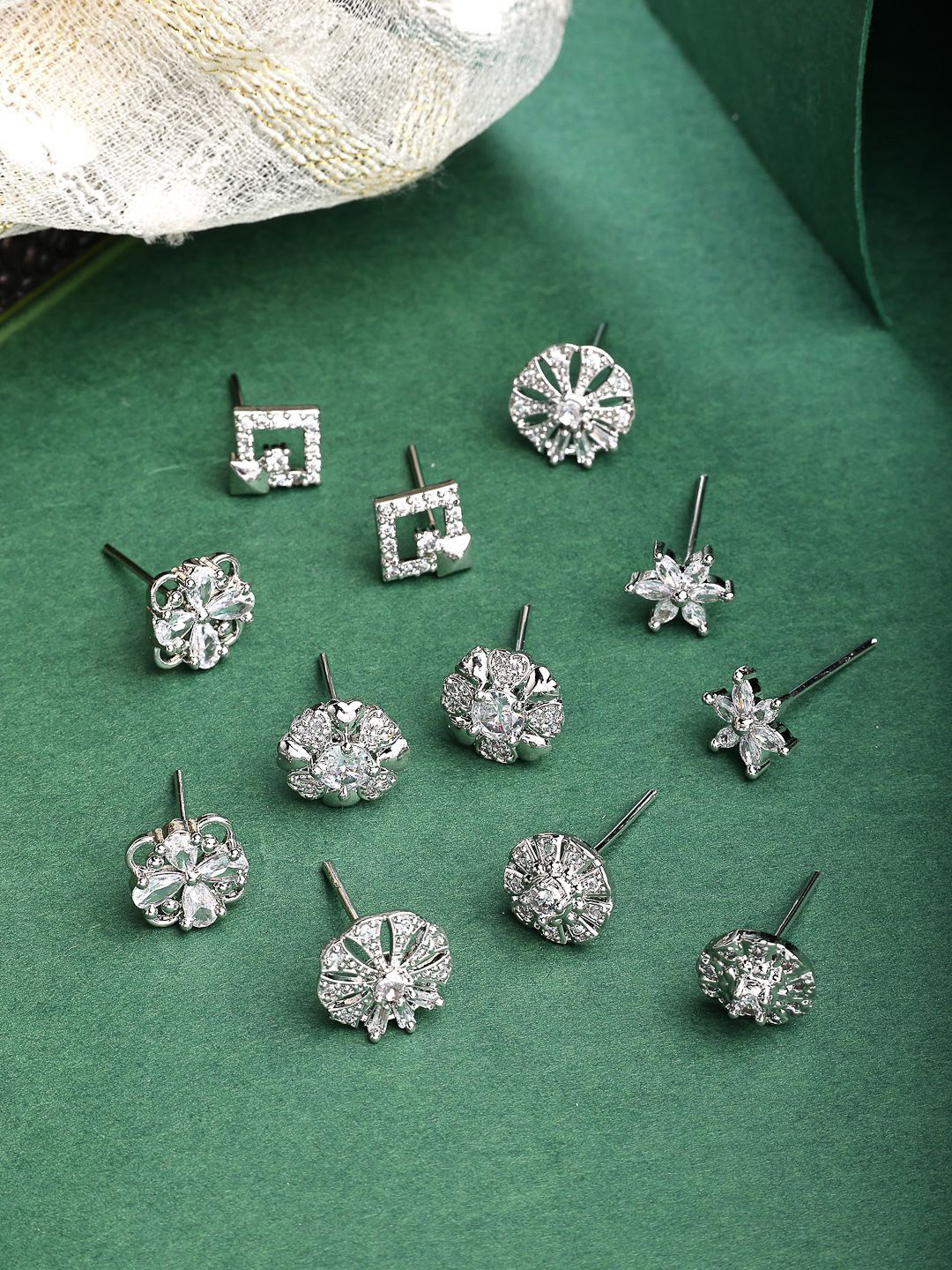 ZENEME Rhodium Plated Silver Toned Set Of 6 AD Studded Stud Earrings
