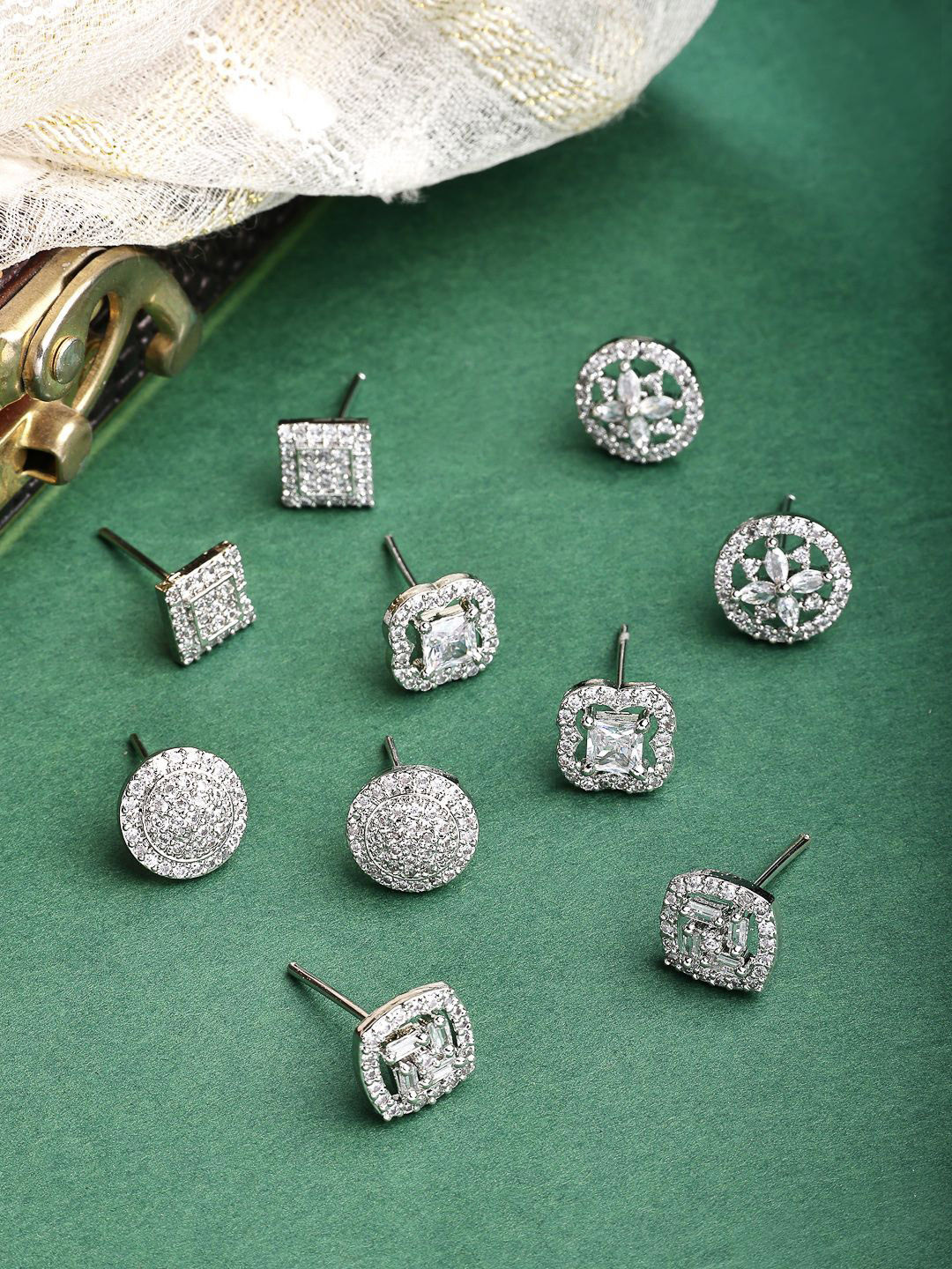 ZENEME Rhodium Plated Silver Toned Set Of 5 AD Studded Stud Earrings