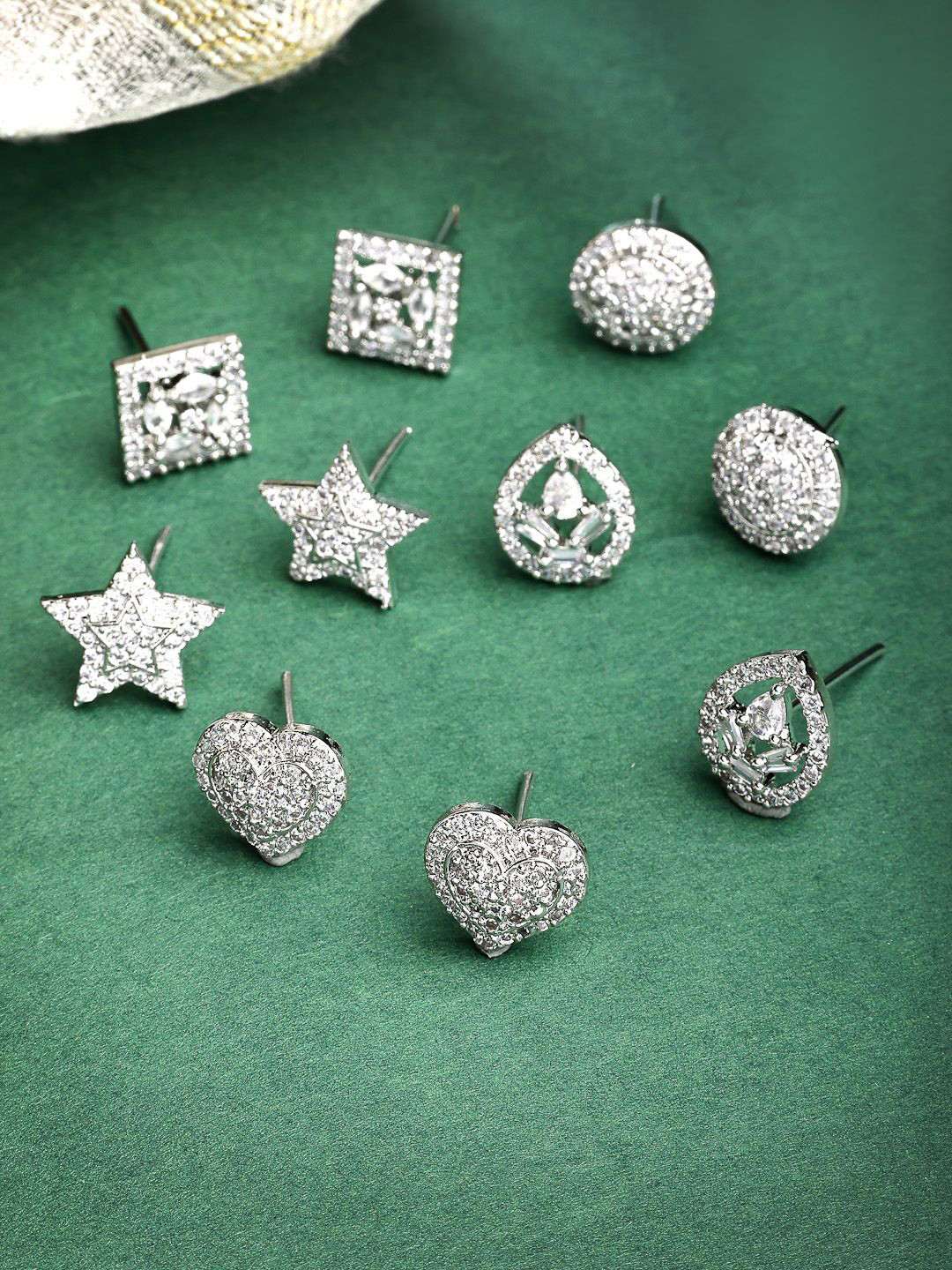 ZENEME Rhodium Plated Silver Toned Set Of 5 AD Studded Stud Earrings