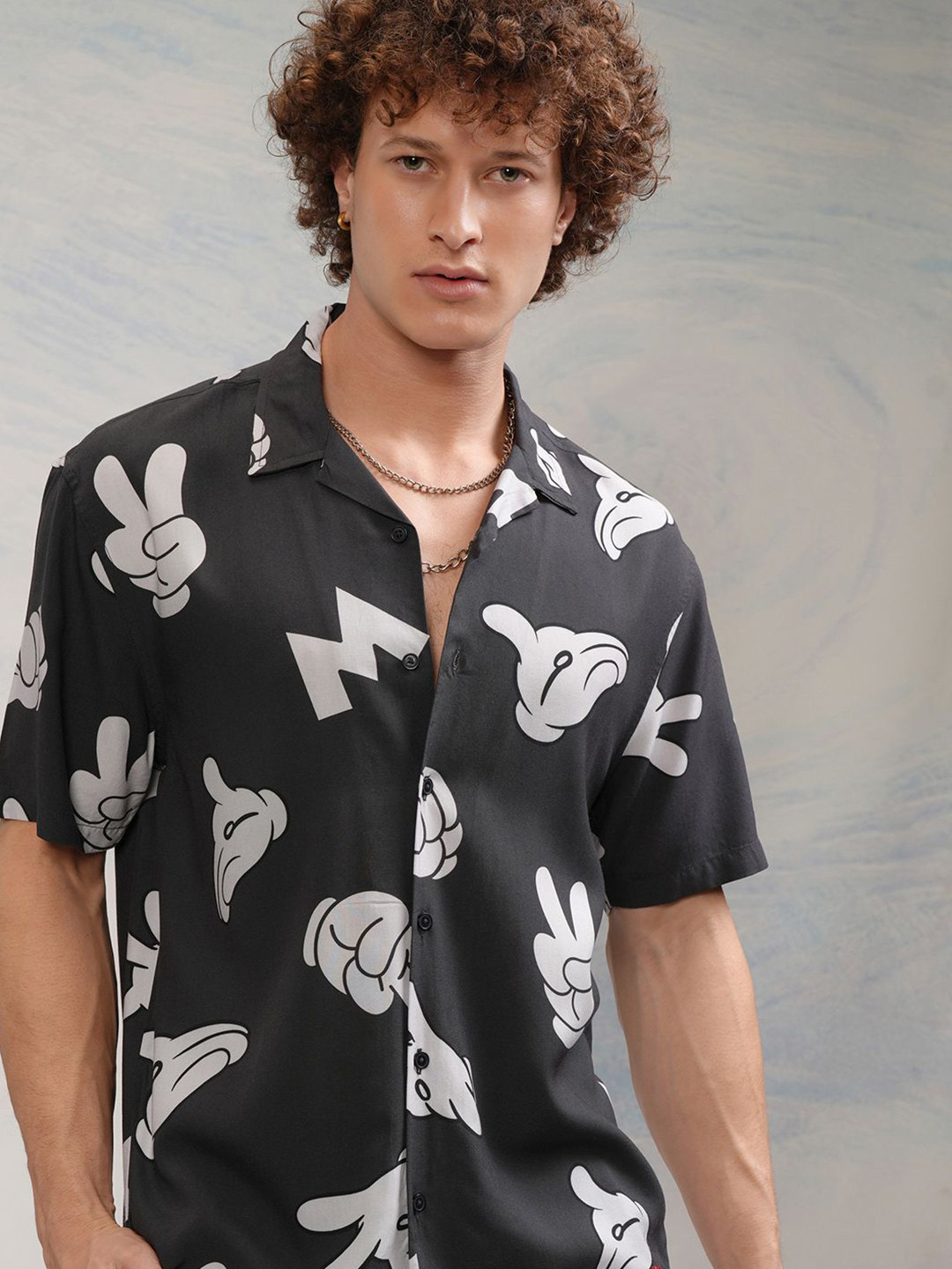 HIGHLANDER Mickey Doodle Printed Cuban Collar Viscose Relaxed Shirt