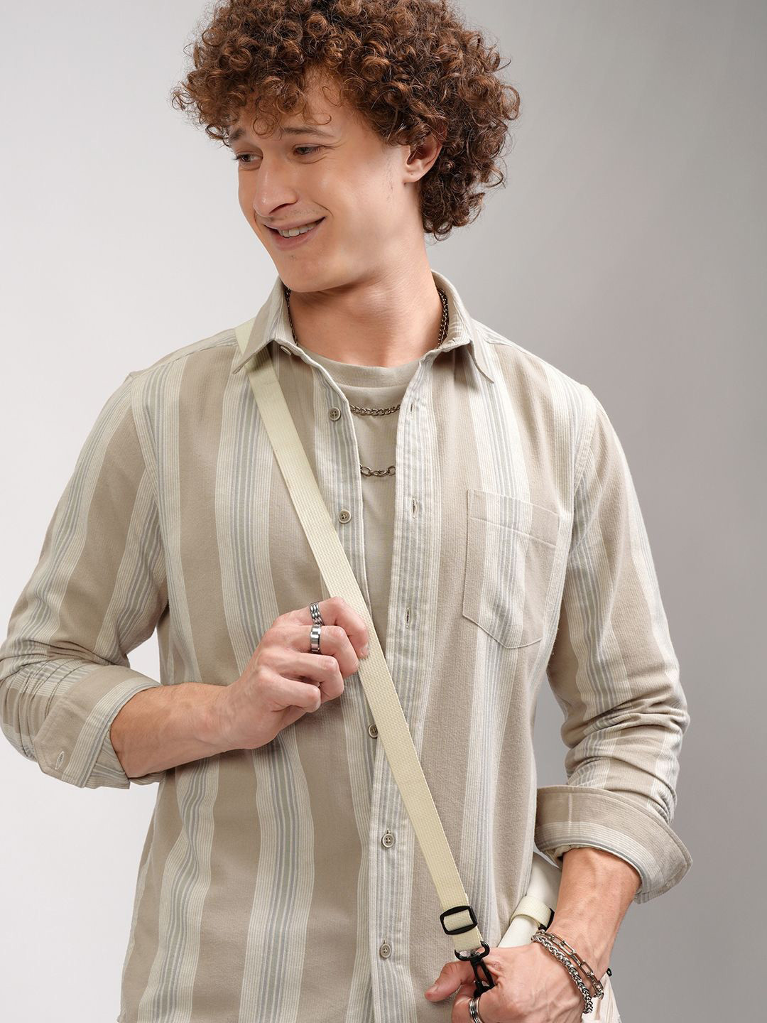 HIGHLANDER Men Flannel Textured Striped Casual Slim Fit Shirt