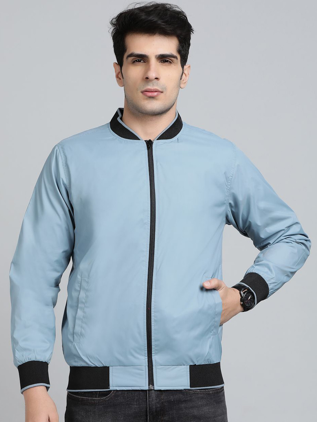 JADE BLUE Men Stand Collar Solid Casual Bomber Jacket