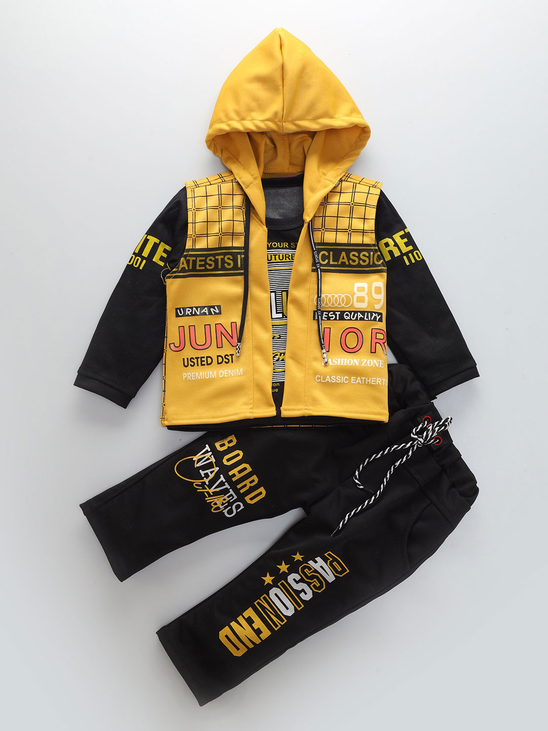 Usman Harooni Collection Boys Typography Printed Hooded T-shirt With Shirt & Trousers