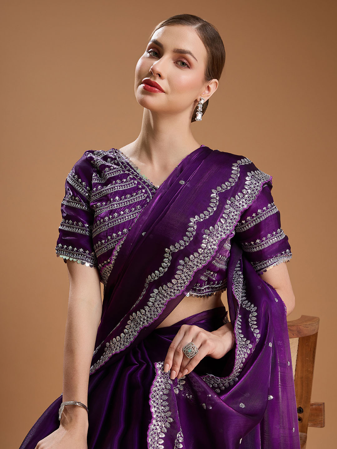 House of Pataudi Embellished Embroidered Tissue Border Saree with Stitched blouse