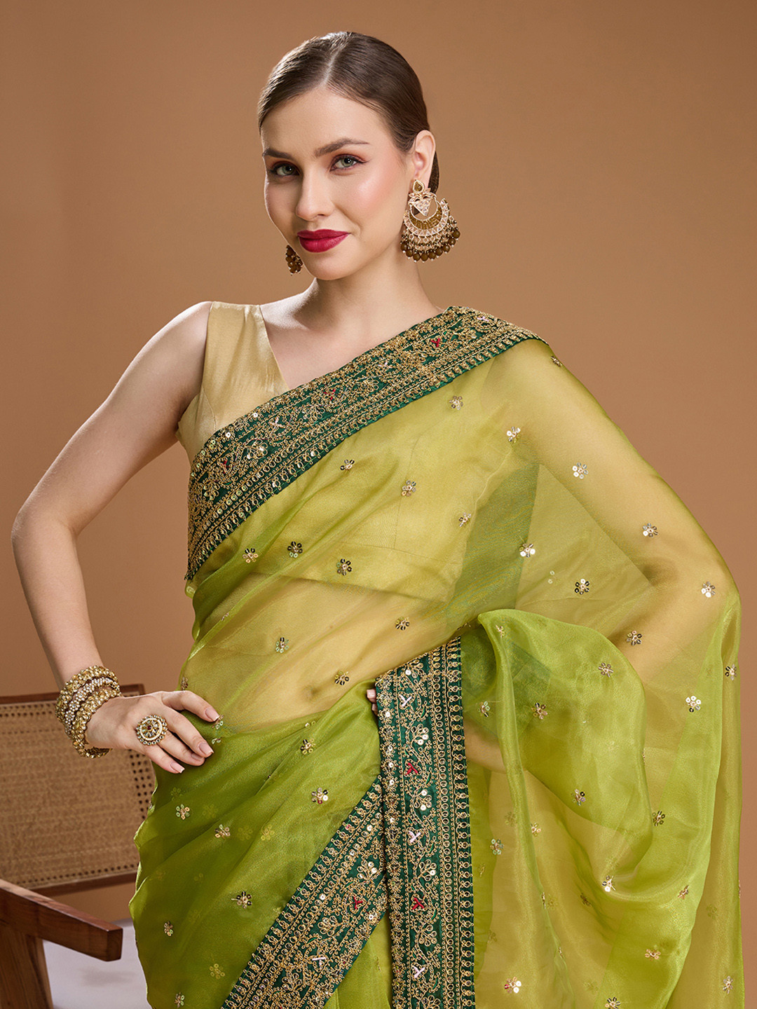 House of Pataudi Embellished Embroidered Silk Blend Border Saree with Unstiched Blouse