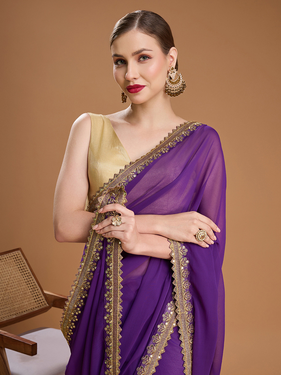 House of Pataudi Embellished Embroidered Poly Georgette Border Saree with Unstiched Blouse