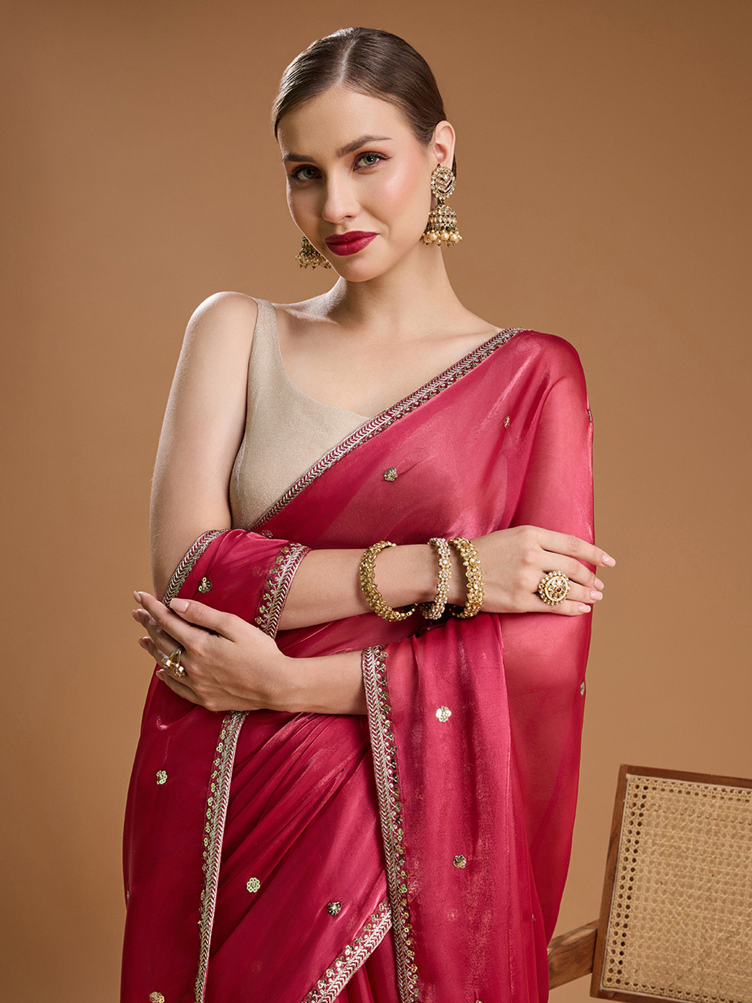 House of Pataudi Embellished Embroidered Satin Border Saree with Unstiched Blouse