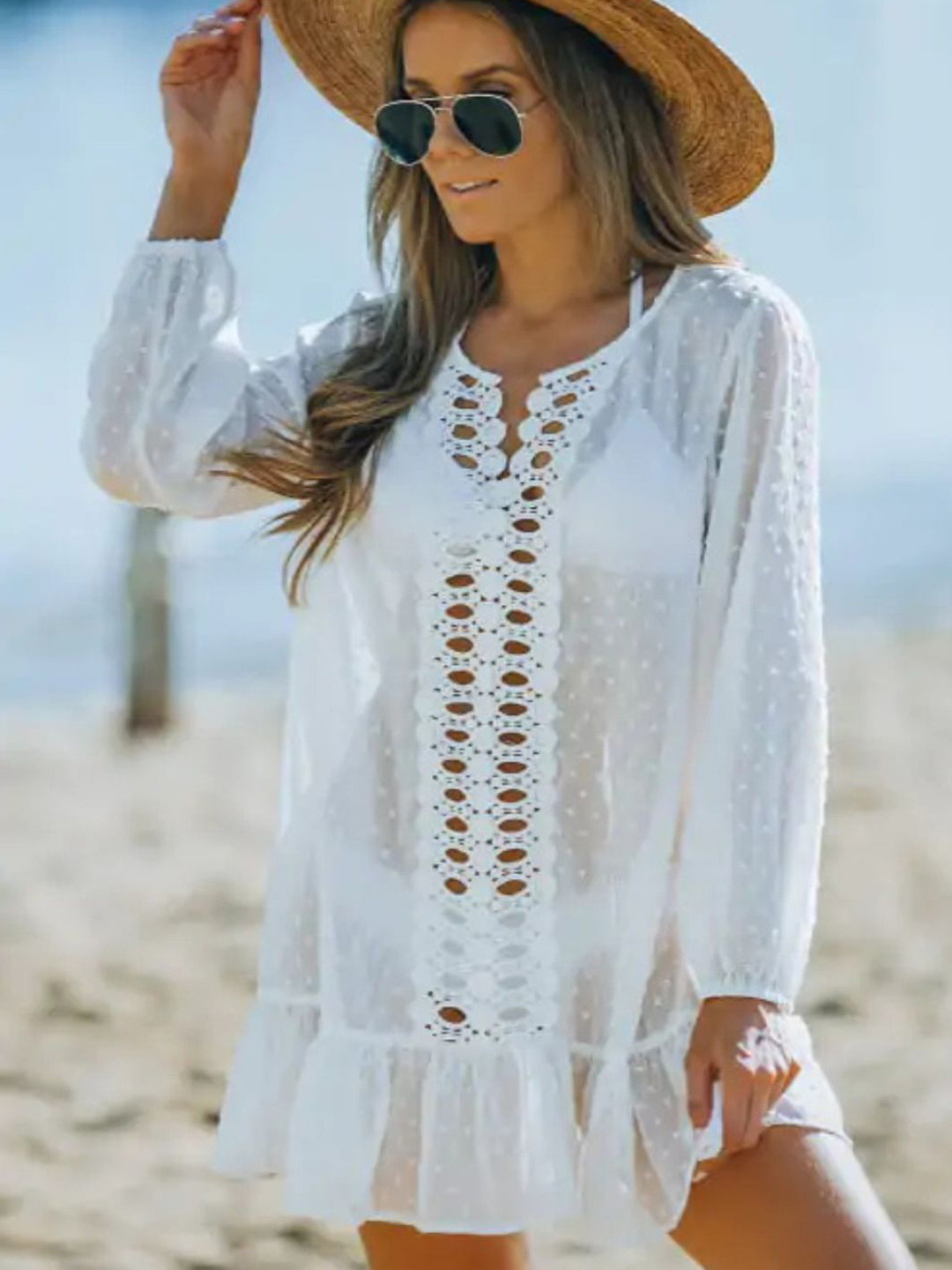 ANGEL CROSHET Self Design Swiss Dot Crochet Swimwear Cover up Top
