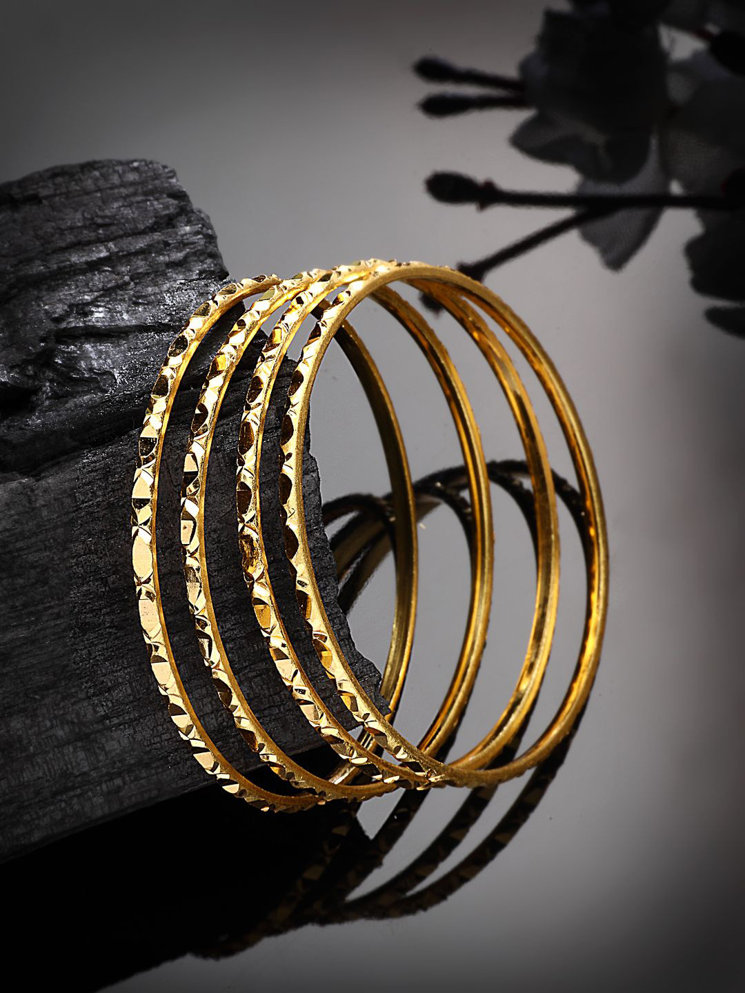 ZENEME Set Of 4 Gold-Plated Traditional Design Handcrafted Textured Bangles