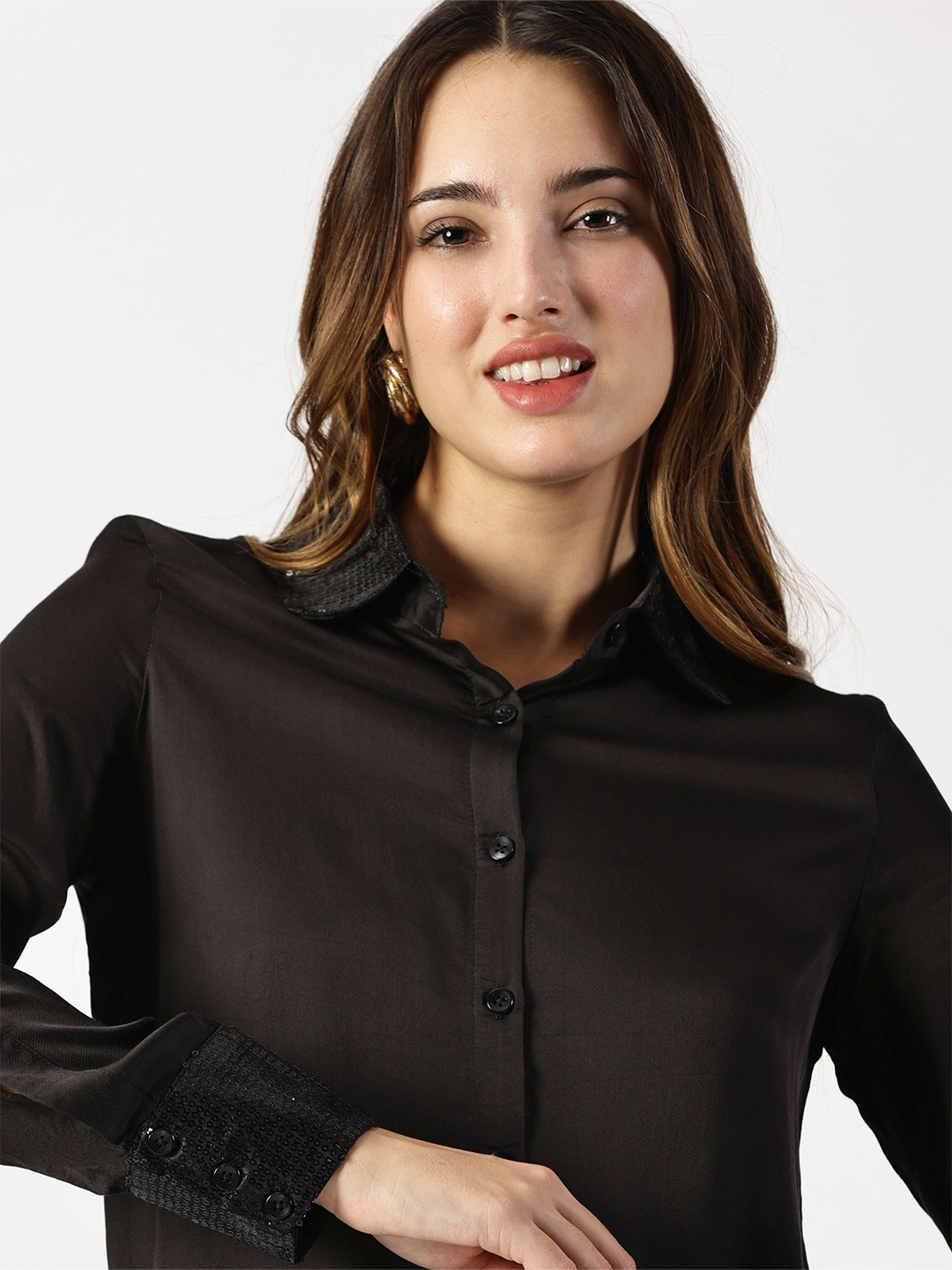RAVINIK Spread Collar Embellished Sequinned Satin Party Shirt