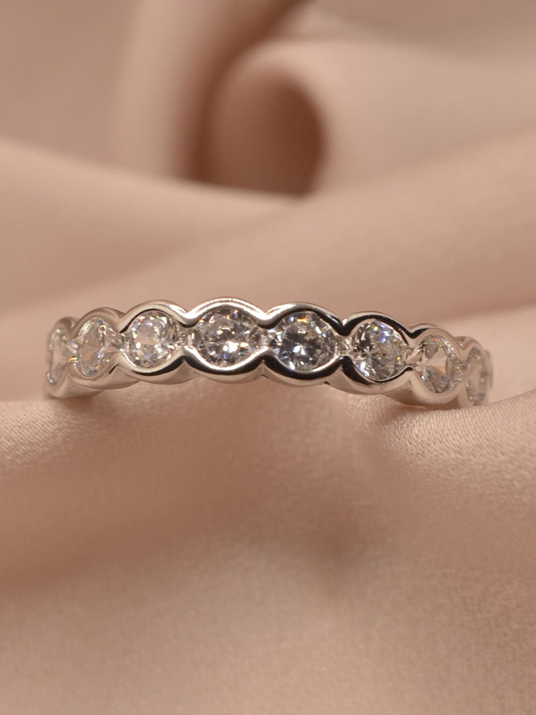 Luxevogue Sterling Silver Rhodium-Plated Cubic Zirconia Wave Band Finger Ring