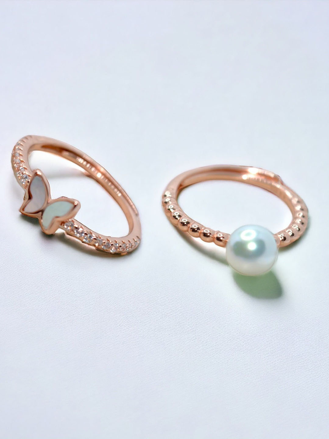 Luxevogue Set Of 2 Rose Gold Plated Sterling Silver CZ Studded Gemstone Duo Finger Rings