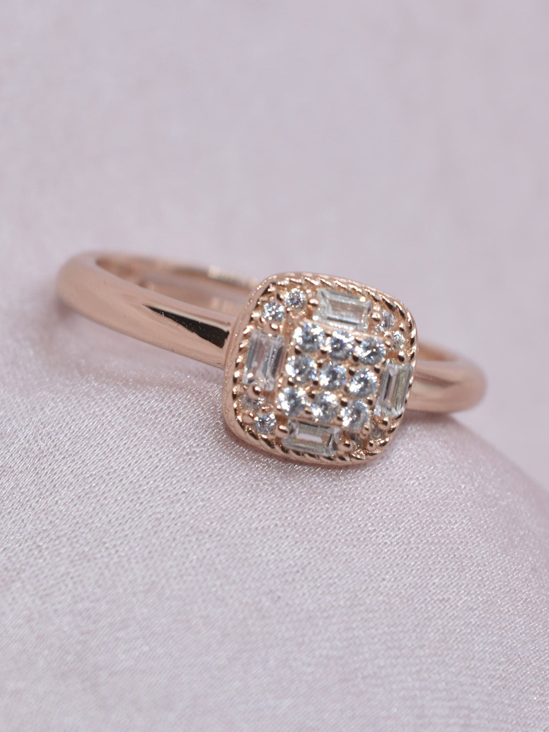 Luxevogue 925 Sterling Silver Rose Gold-Plated CZ Studded Structured Brilliance Ring