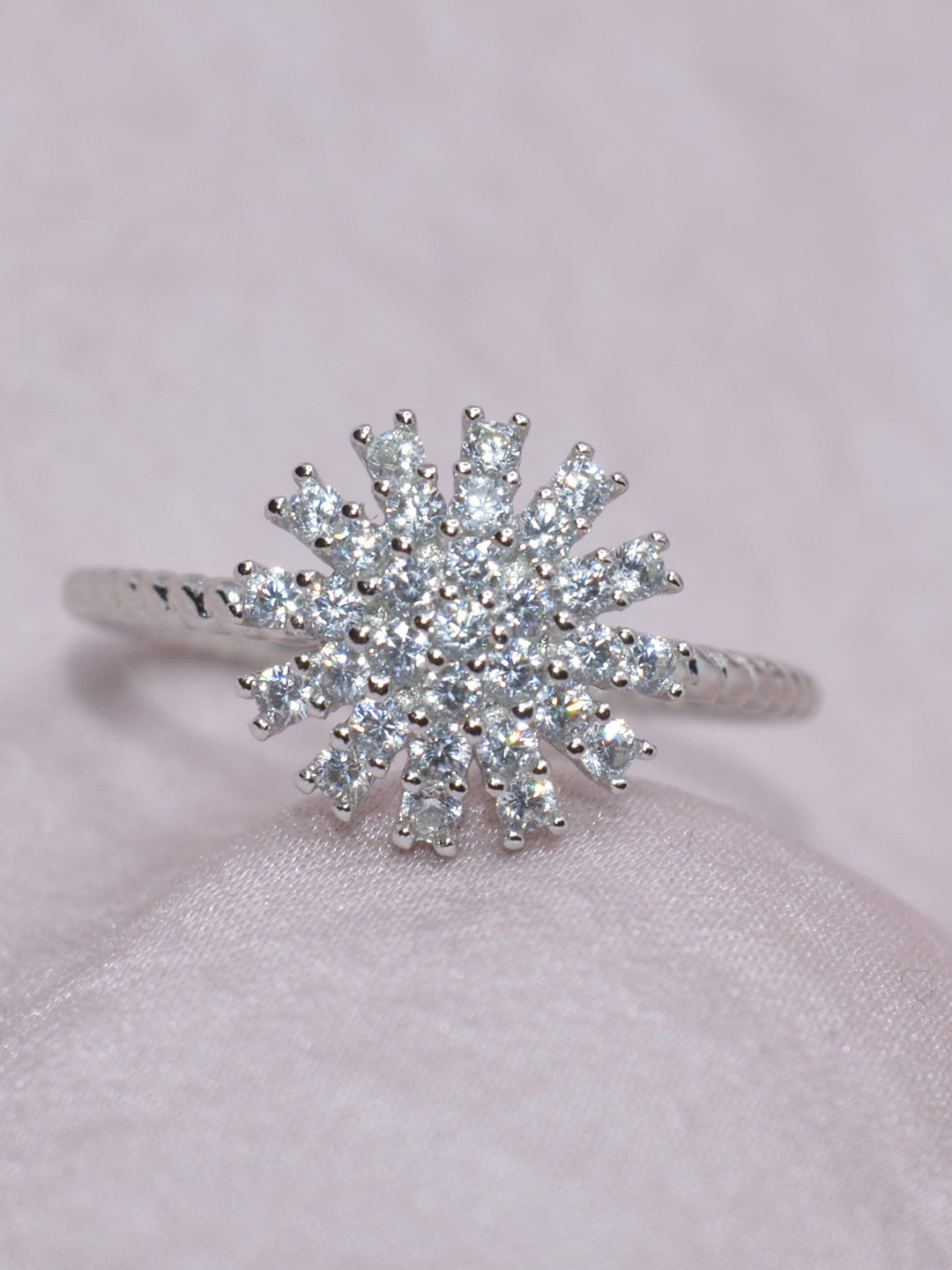 Luxevogue Spiral Blossom 925 Sterling Silver Rhodium-Plated CZ Studded Ring