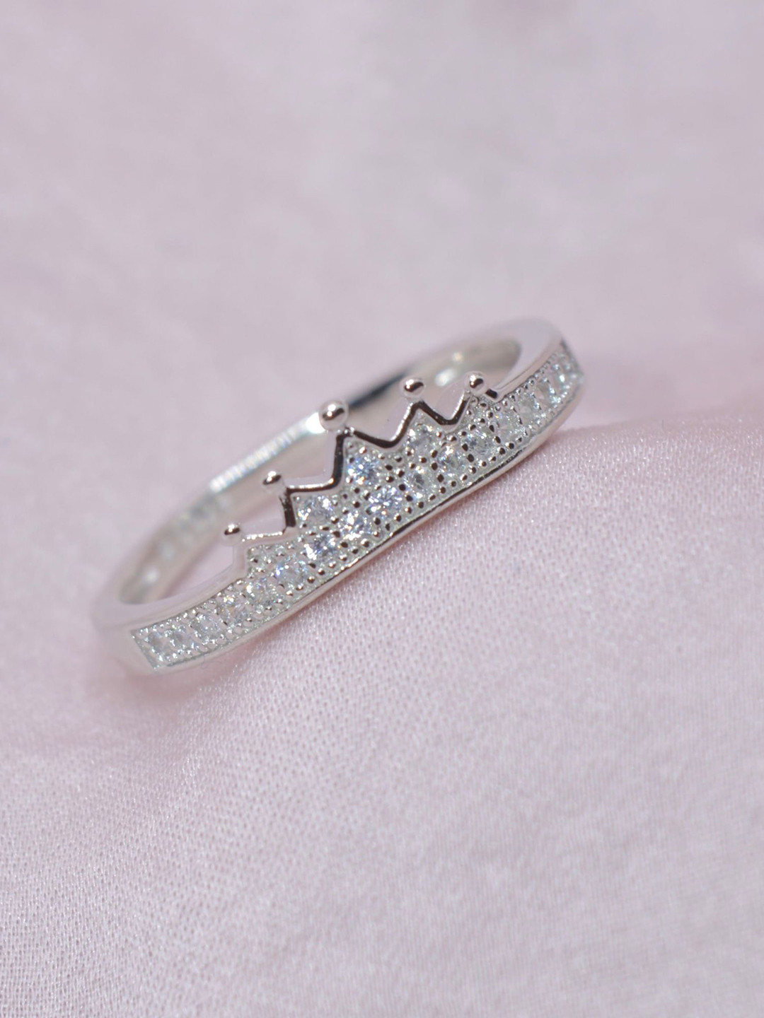 Luxevogue Sparkling Tiara 925 Sterling Silver Rhodium Plated CZ Studded Ring