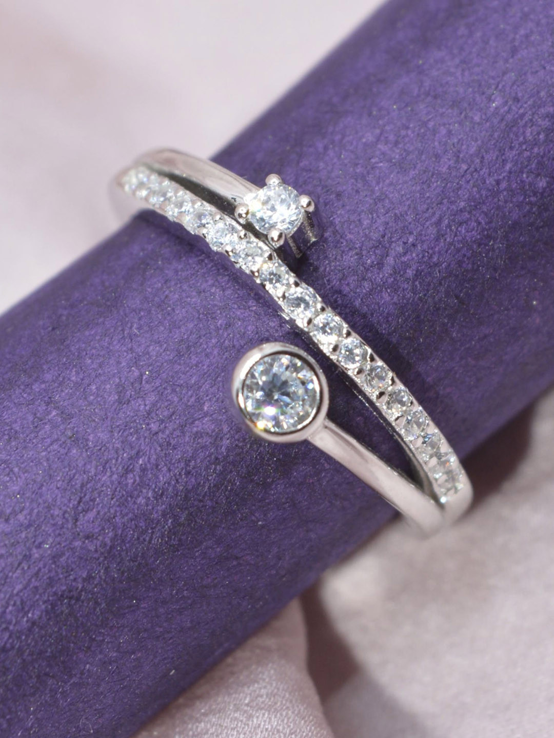 Luxevogue Sterling Silver Rhodium-Plated CZ-Stone Studded Sparkling Trails Finger Ring