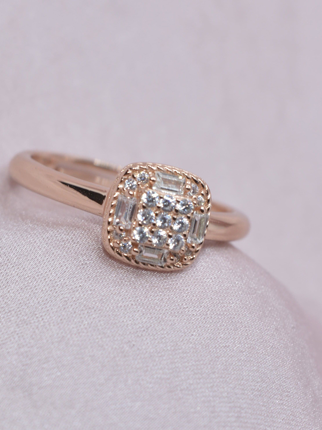 Luxevogue 925 Sterling Silver Rose Gold-Plated CZ-Stone Studded Structured Brilliance Ring
