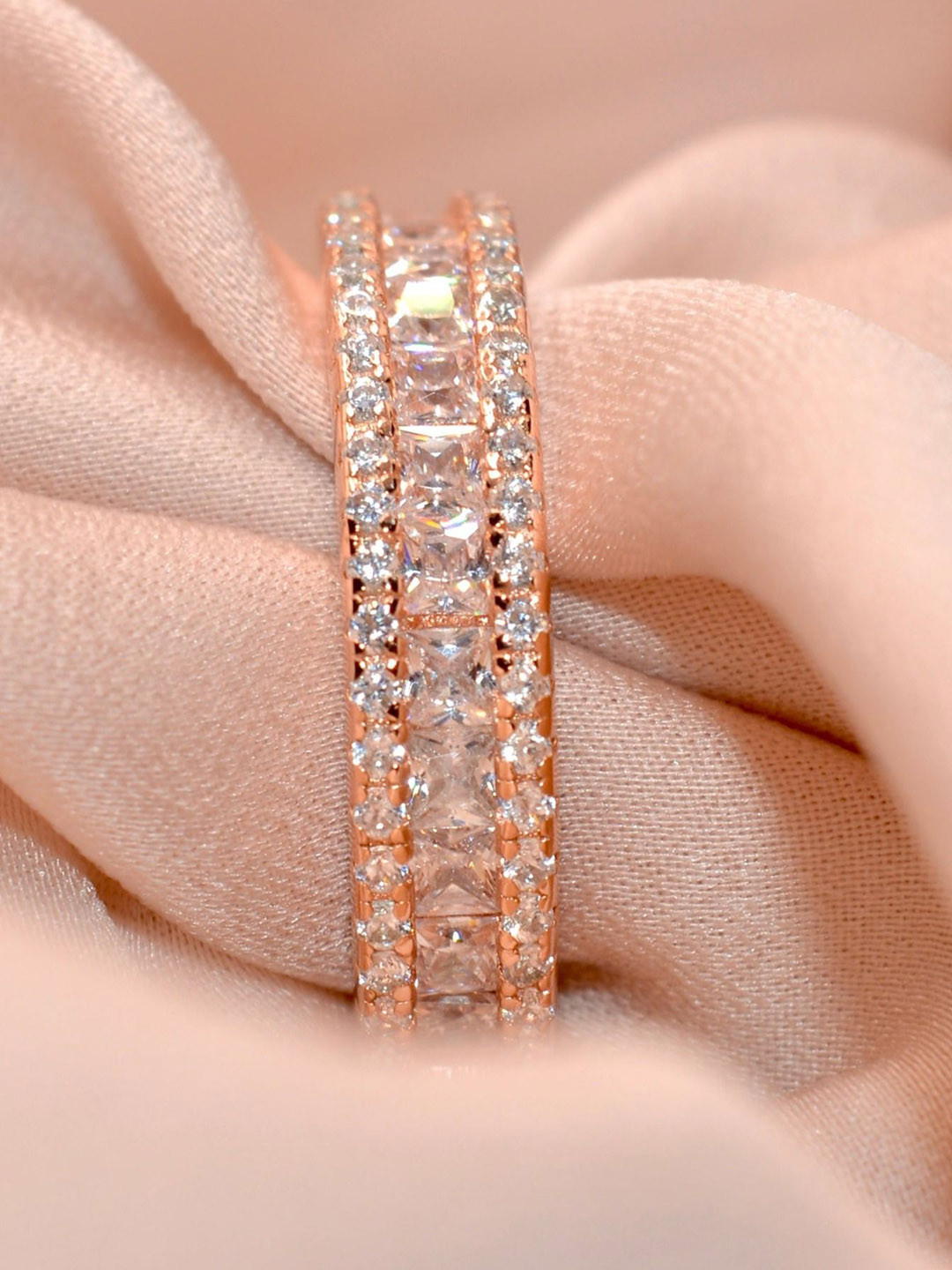 Luxevogue Sterling Silver Rose Gold-Plated CZ-Stone Studded Endless Radiant Finger Ring