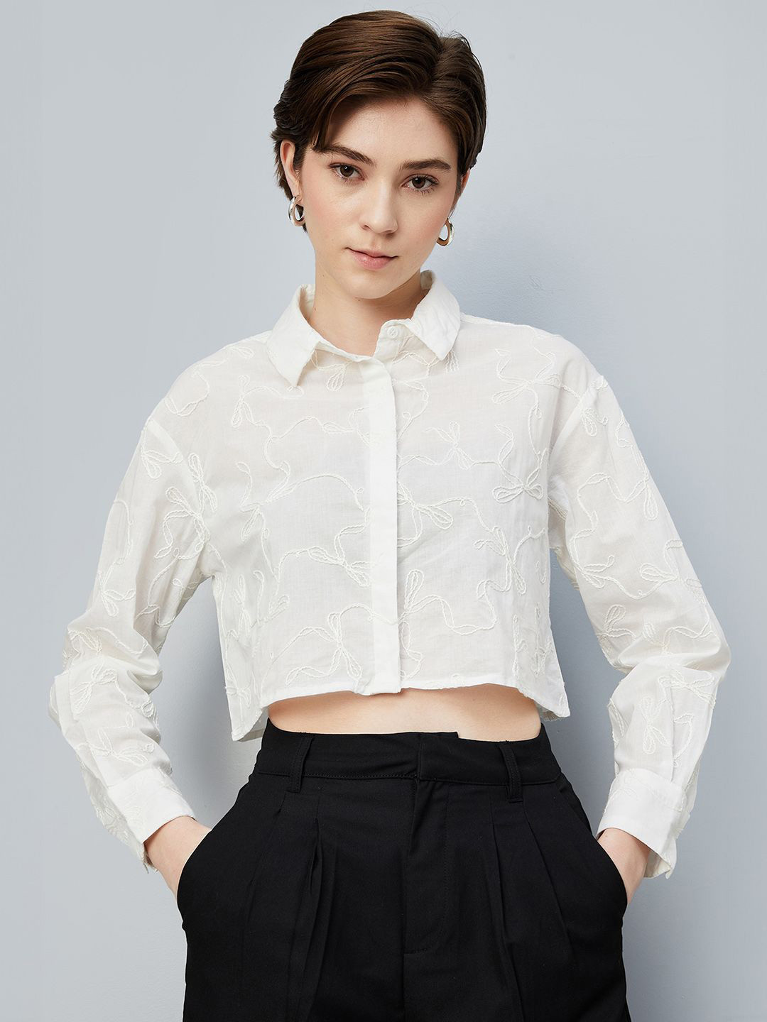 max Women Boxy Fit Spread Collar Textured Cotton Casual Shirt