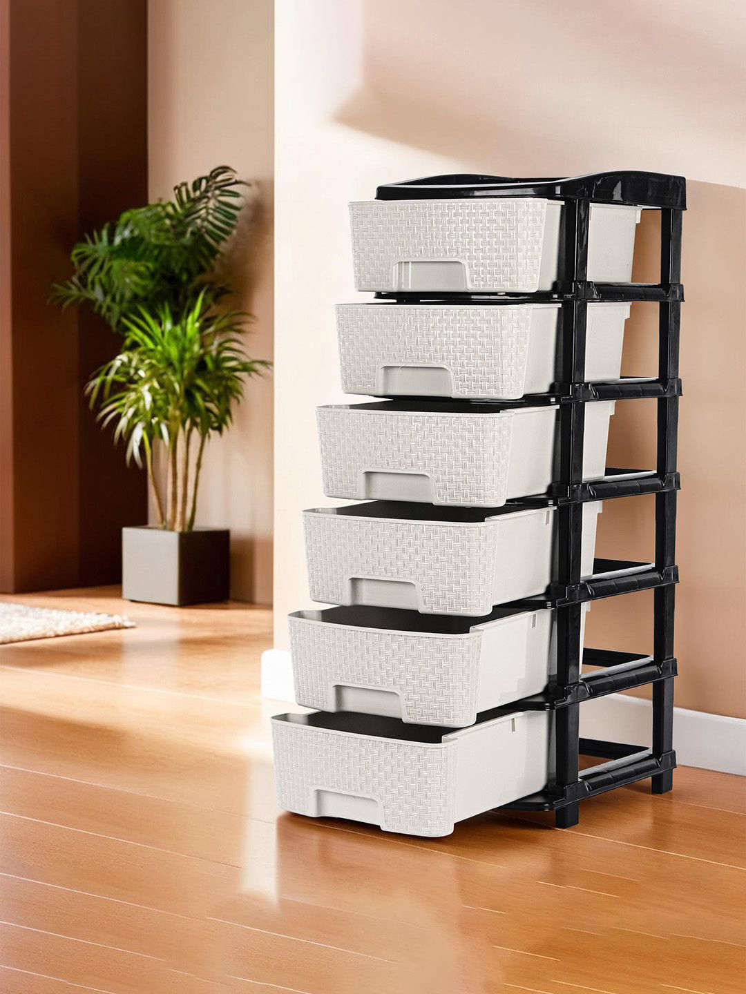 Kuber Industries Black & White Multi-Purpose 6-Layer Plastic Drawer Storage Organiser