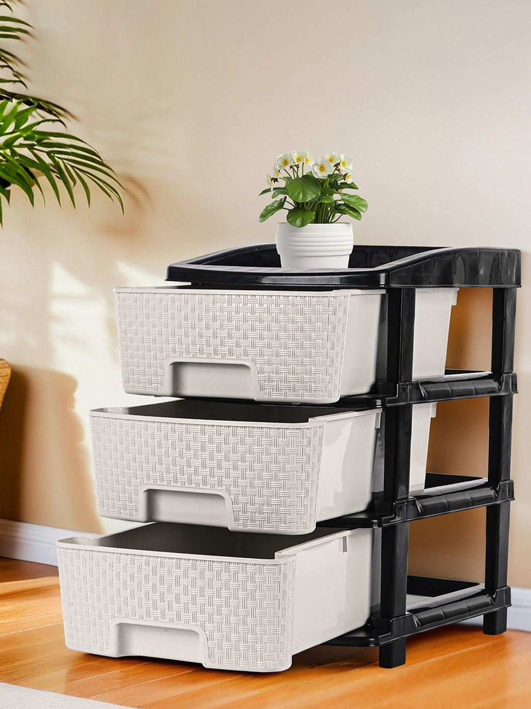 Kuber Industries Black & White Multi-Purpose 3-Layer Modular Drawer Storage Organiser