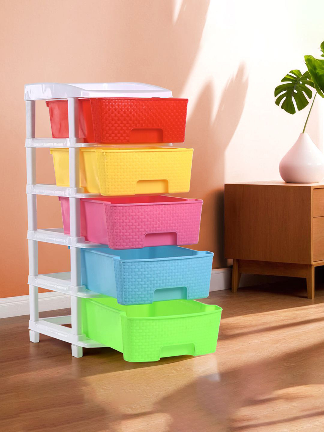 Kuber Industries White & Red 5 Layer Plastic Modular Storage Drawer Organiser