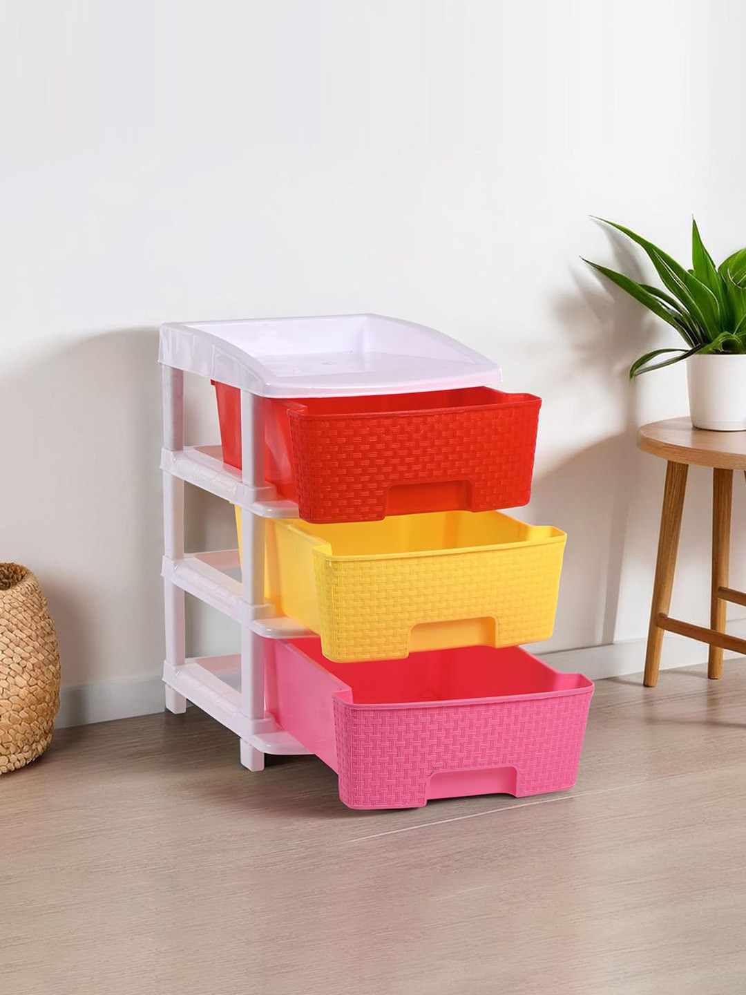 Kuber Industries White & Red 3 Layer Plastic Modular Drawer Storage Chest Drawer Organiser