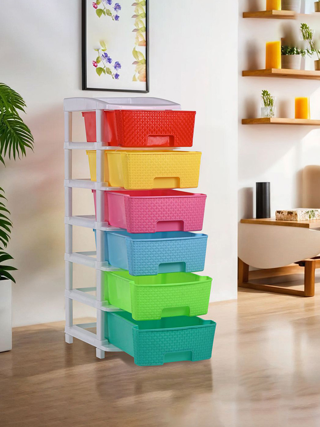 Kuber Industries White & Red 6 Layer Plastic Modular Drawer Storage Rack Organiser