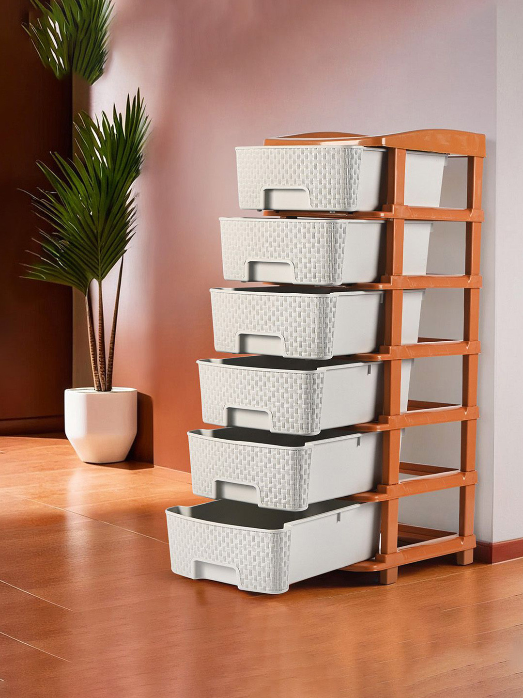 Kuber Industries White & Brown Multi-Purpose 6-Layer Plastic Drawer Storage Organiser