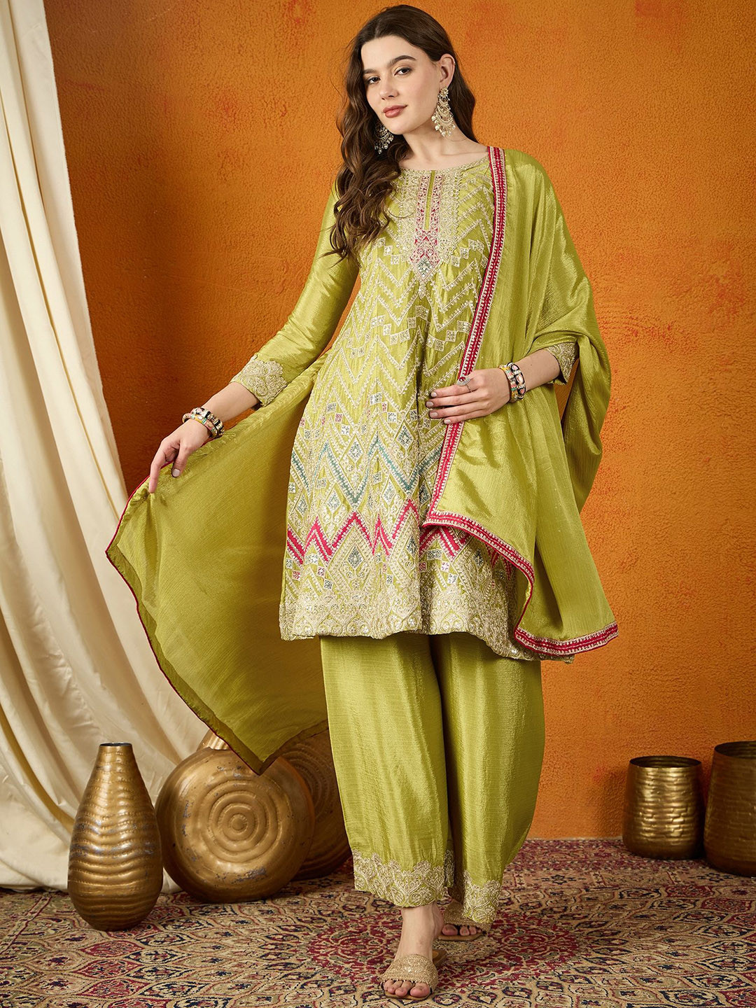 Miss Ethnik Chevron Printed Sequinned Embroidered A-Line Kurta With Palazzo And Dupatta