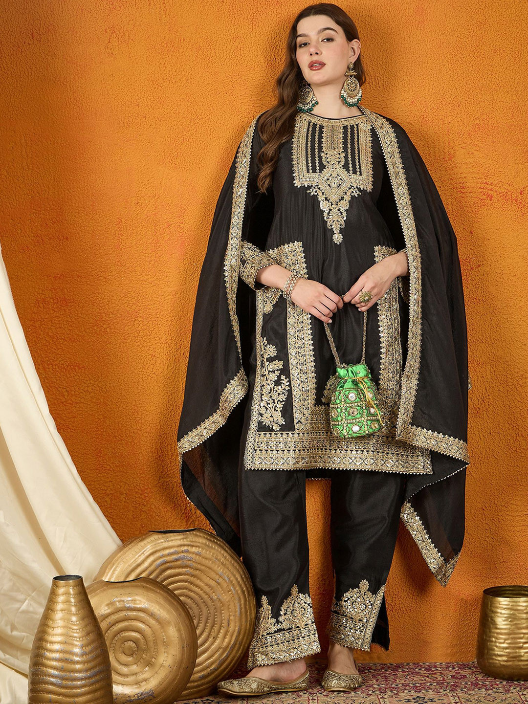 Miss Ethnik Ethnic Motifs Sequinned Embroidered Straight Kurta With Palazzo And Dupatta