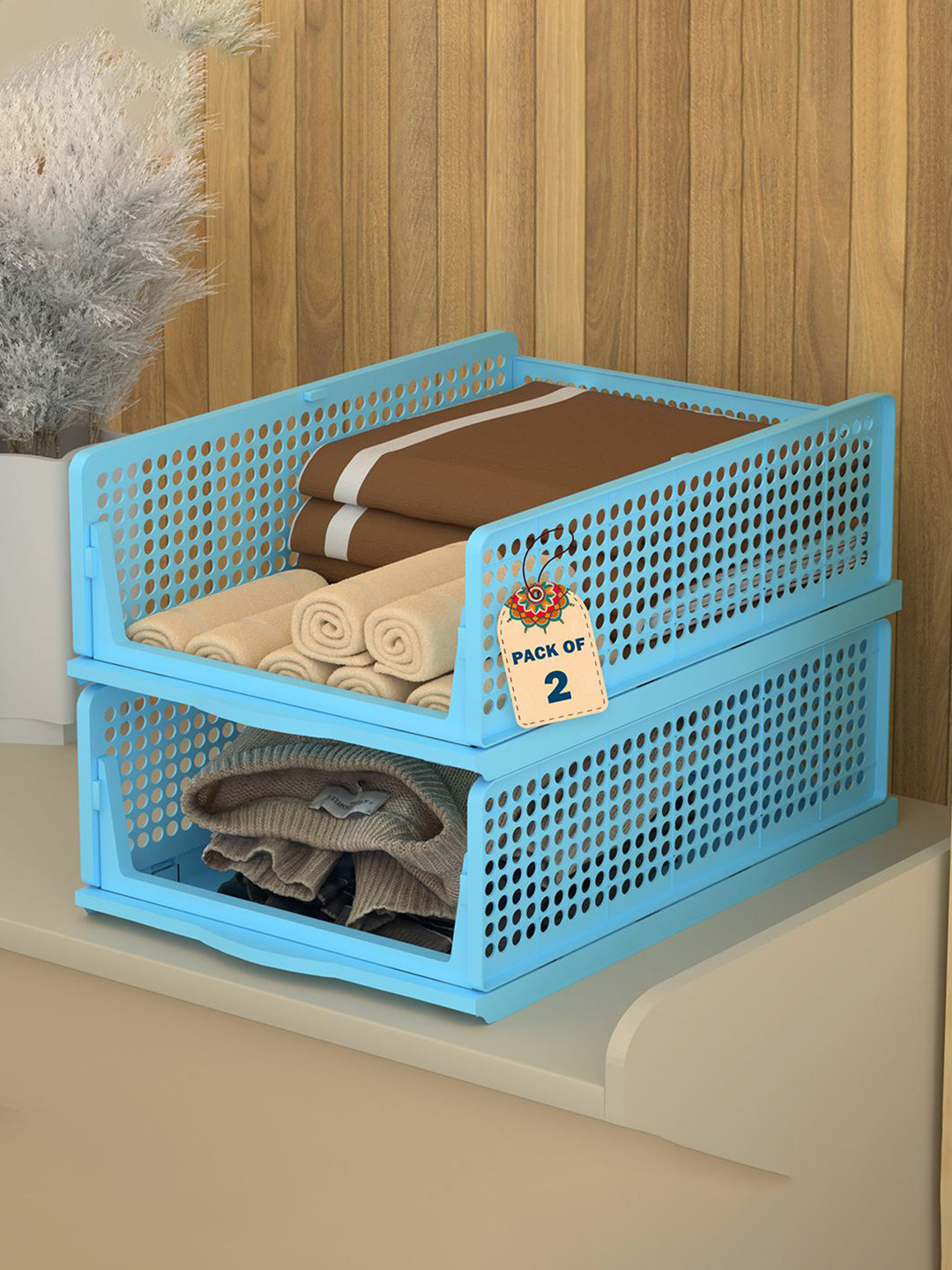 Kuber Industries Blue 2 Pieces Reusable Drawer Organisers Foldable Kids Clothes Storage