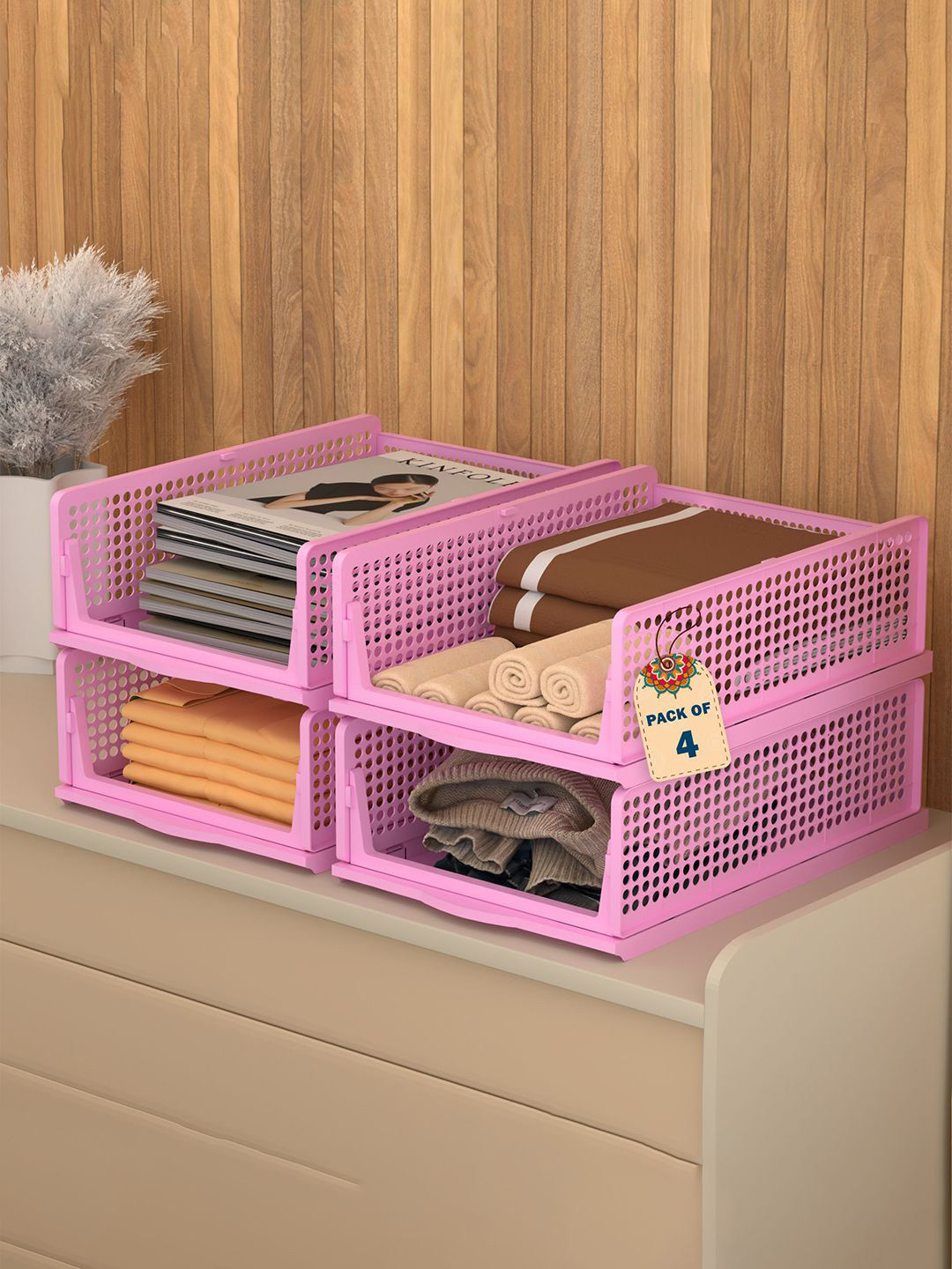 Kuber Industries Pink 4 Pieces Foldable Kids for Clothes Storage Drawer Organisers
