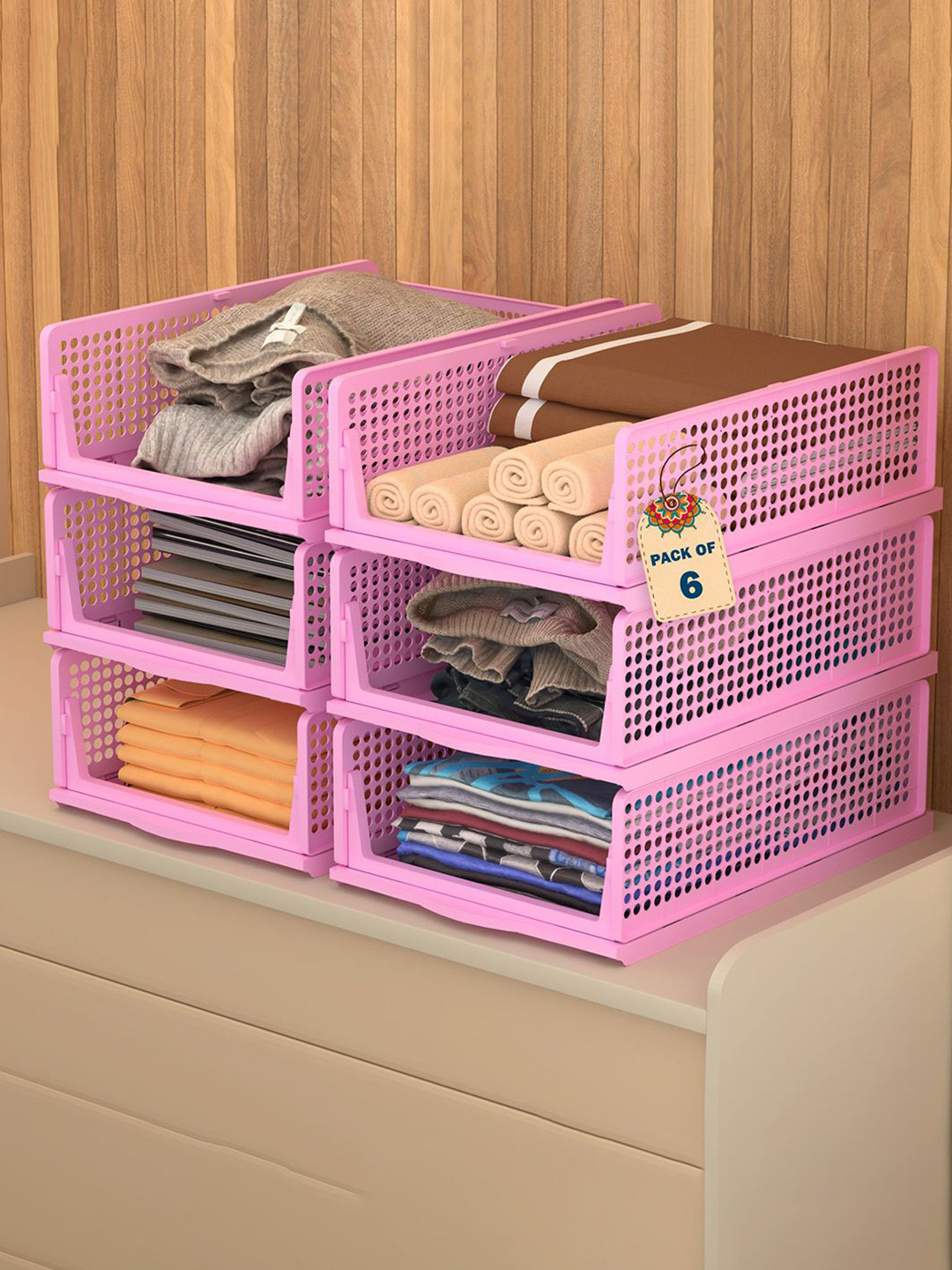 Kuber Industries Pink 6 Pieces Foldable Kids for Clothes Storage Drawer Organisers