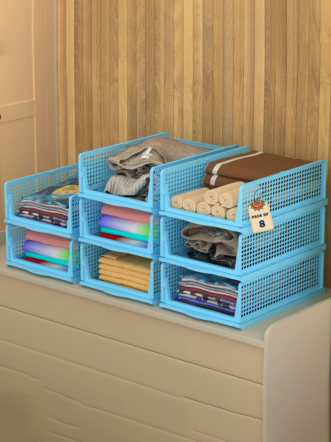 Kuber Industries Blue 8 Pieces Foldable Kids for Clothes Storage Drawer Organisers