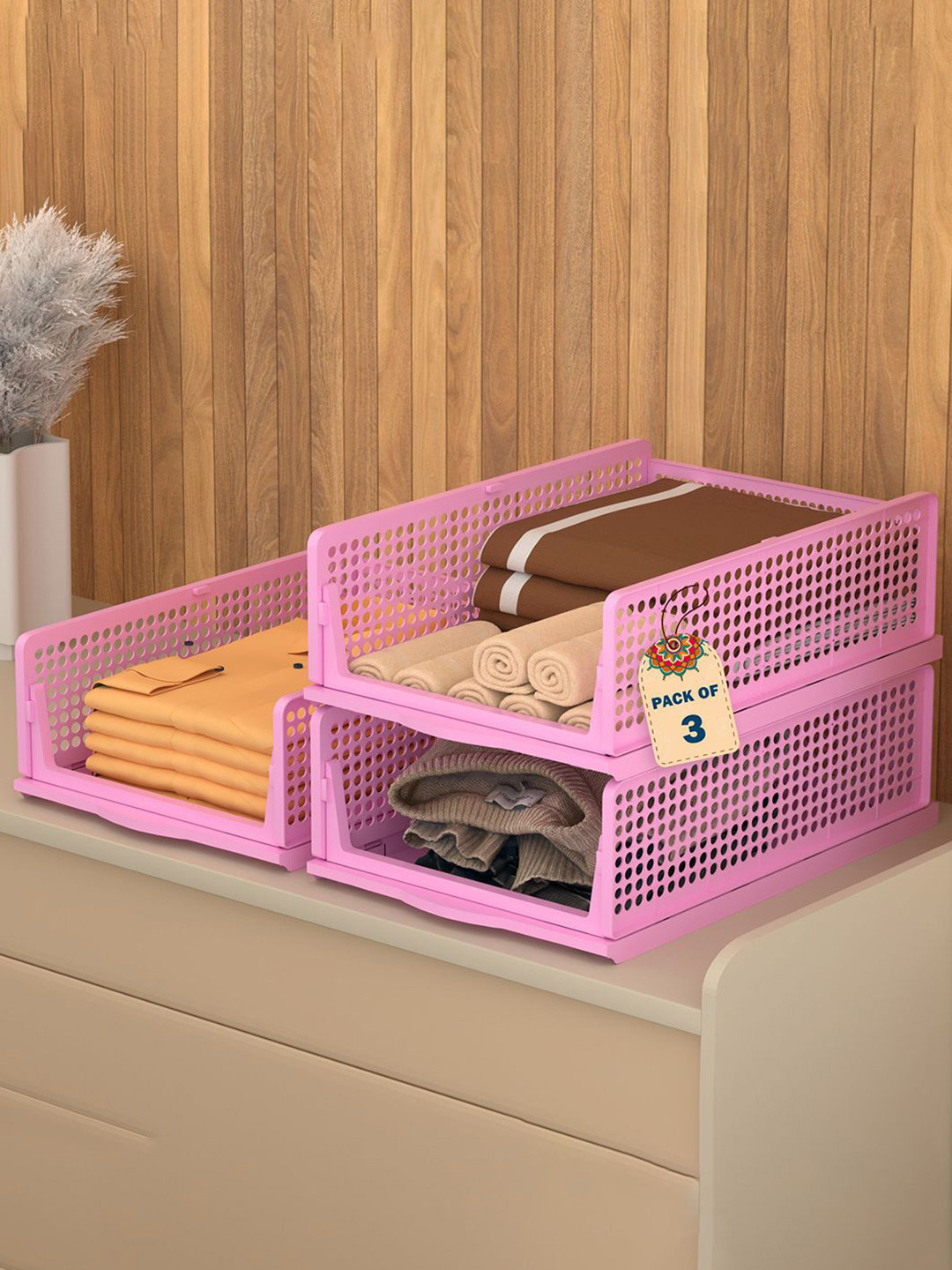 Kuber Industries Pink 3 Pieces Foldable Kids for Clothes Storage Drawer Organisers