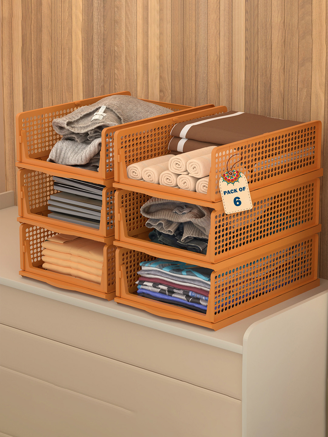 Kuber Industries Brown 6 Pieces Foldable Kids for Clothes Storage Drawer Organisers