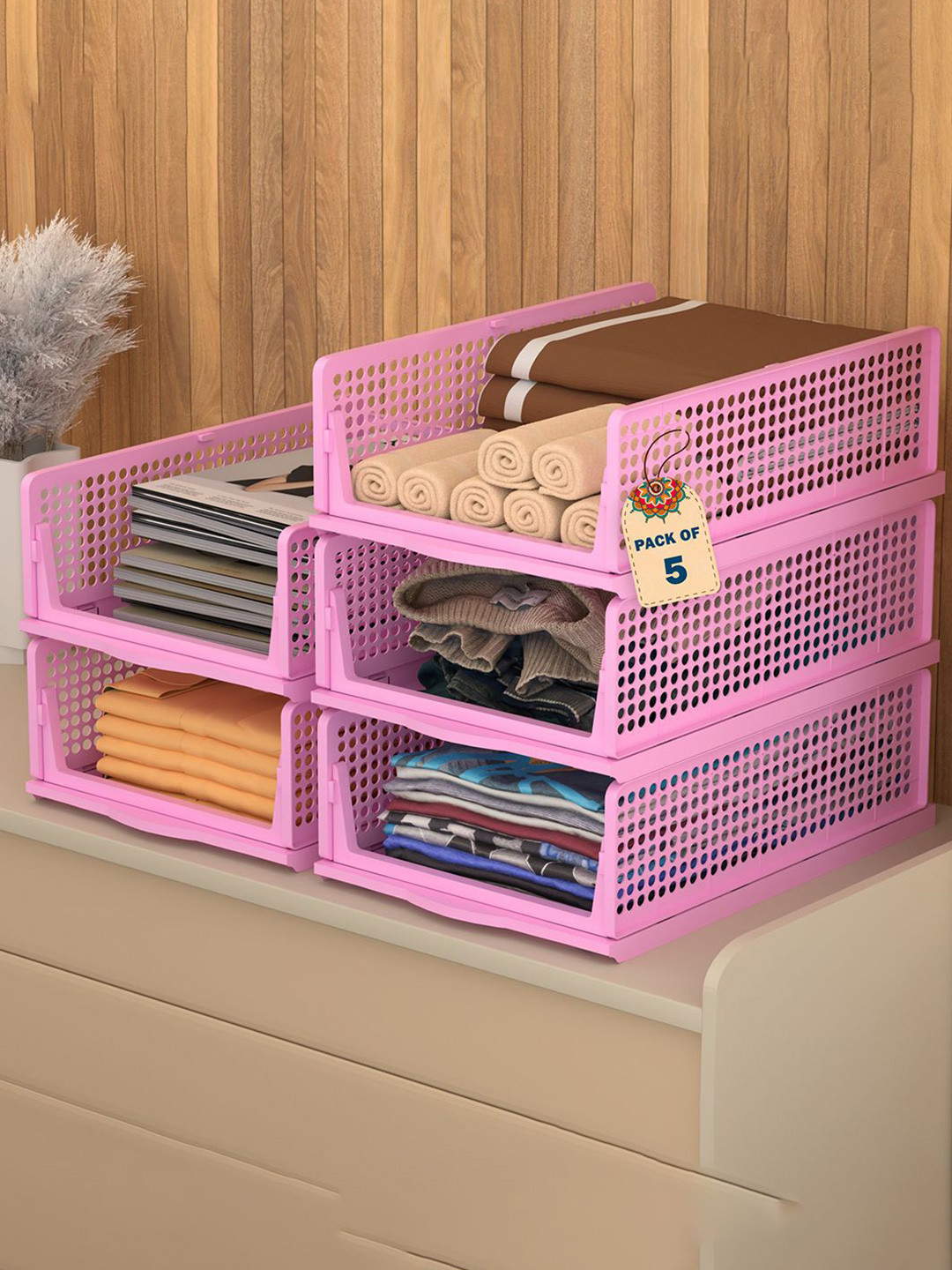 Kuber Industries Pink 5 Pieces Foldable Kids for Clothes Storage Drawer Organisers