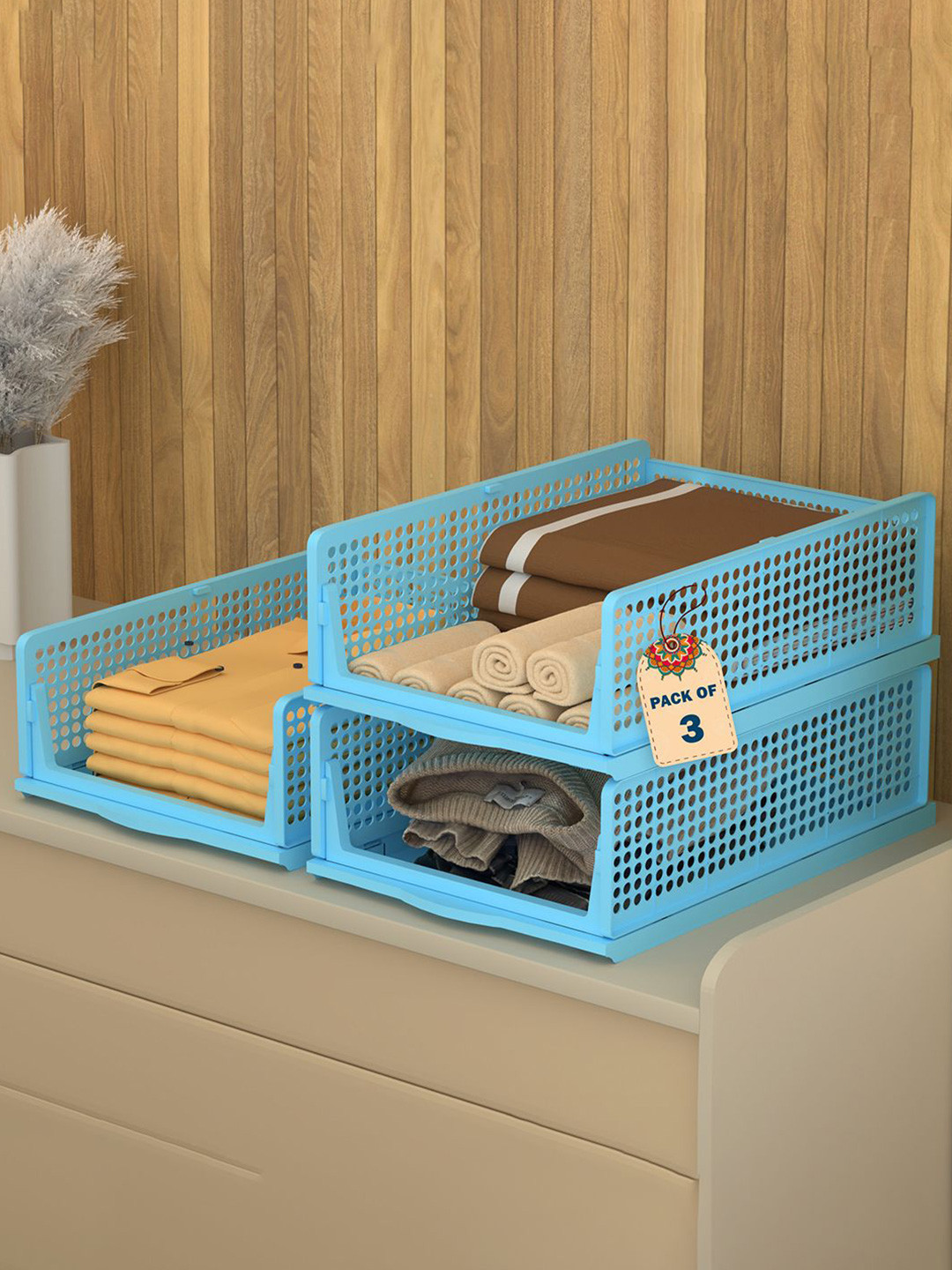 Kuber Industries Blue 3 Pieces Foldable Kids for Clothes Storage Drawer Organisers