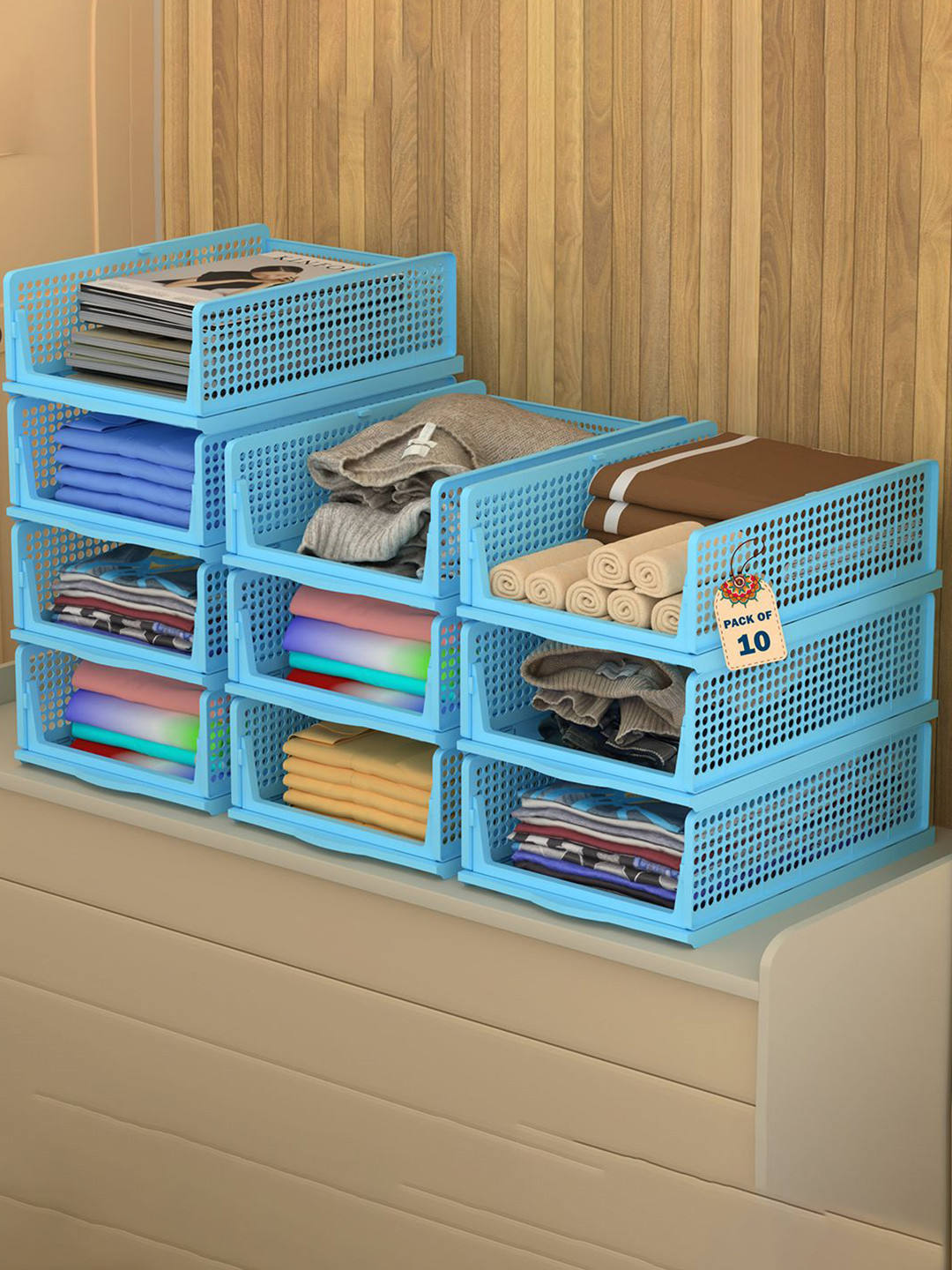 Kuber Industries Blue 10 Pieces Reusable Drawer Organisers Foldable Kids Clothes Storage