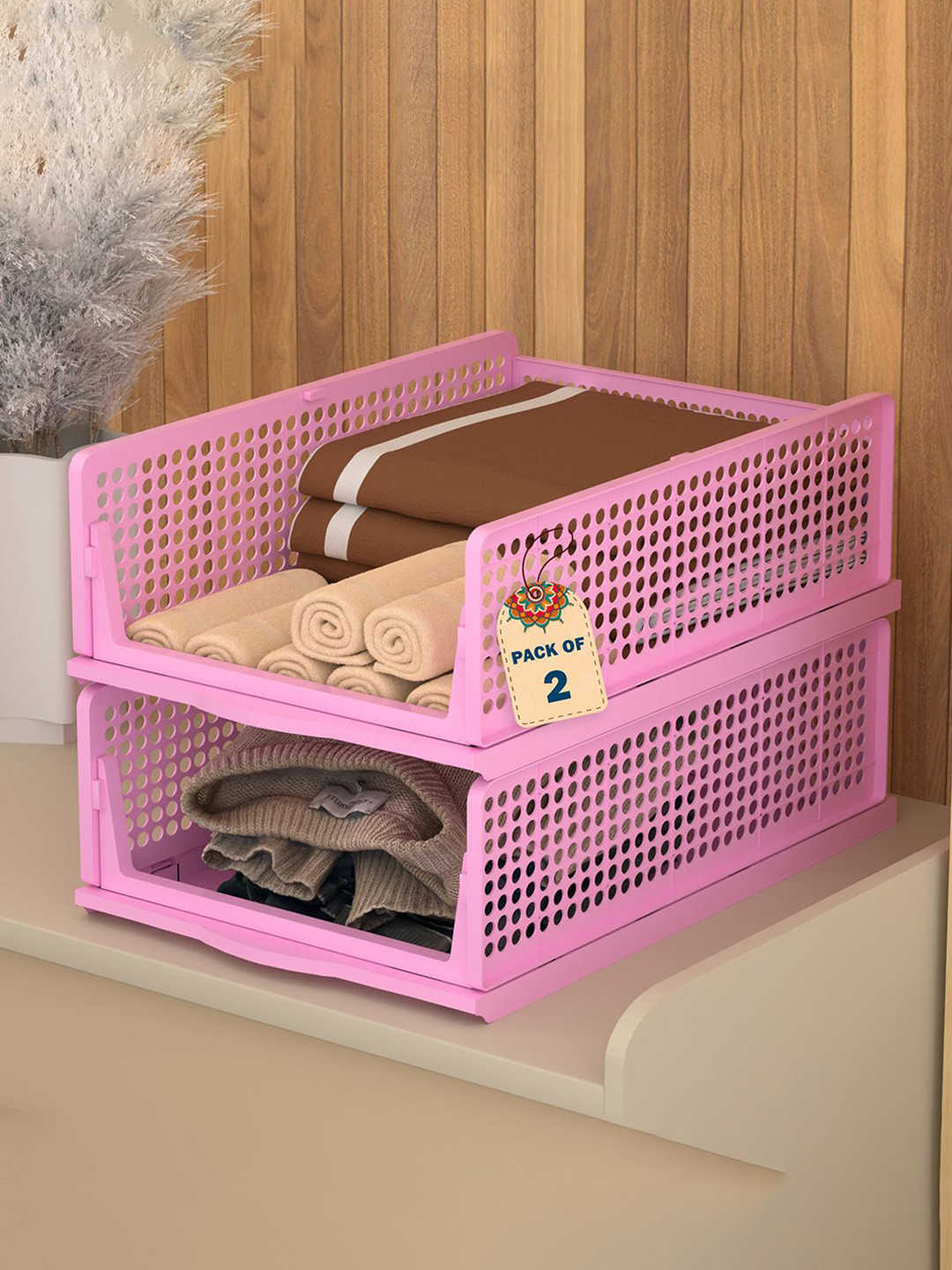Kuber Industries Pink 2 Pieces Reusable Drawer Organisers Foldable Kids Clothes Storage