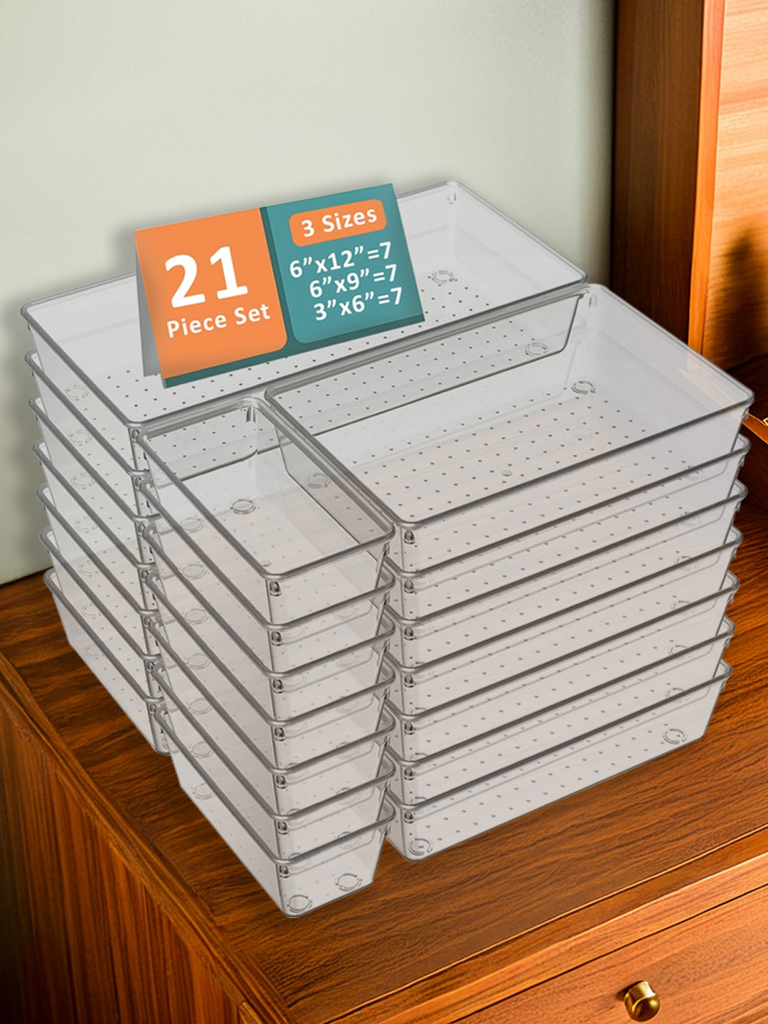 Kuber Industries Transparent 21 Pieces Reusable Drawer Organisers Cosmetics Makeup