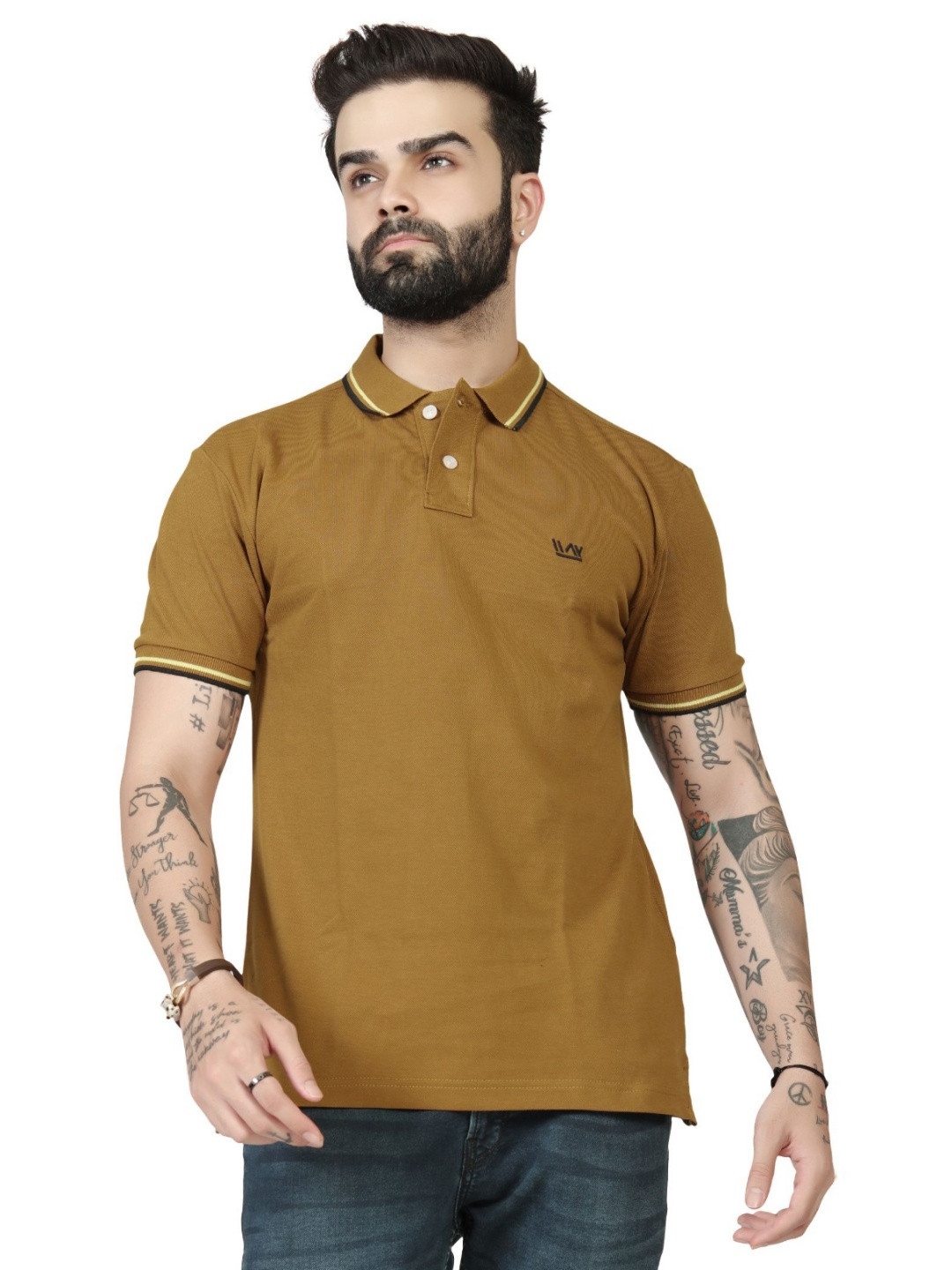 WATAY Men Solid Pure Cotton Polo Collar T-shirt