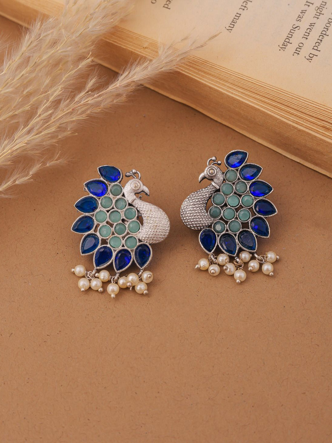 TOS Brass-Plated Artificial Stones Studded & Pearls Beaded Peacock Shaped Studs