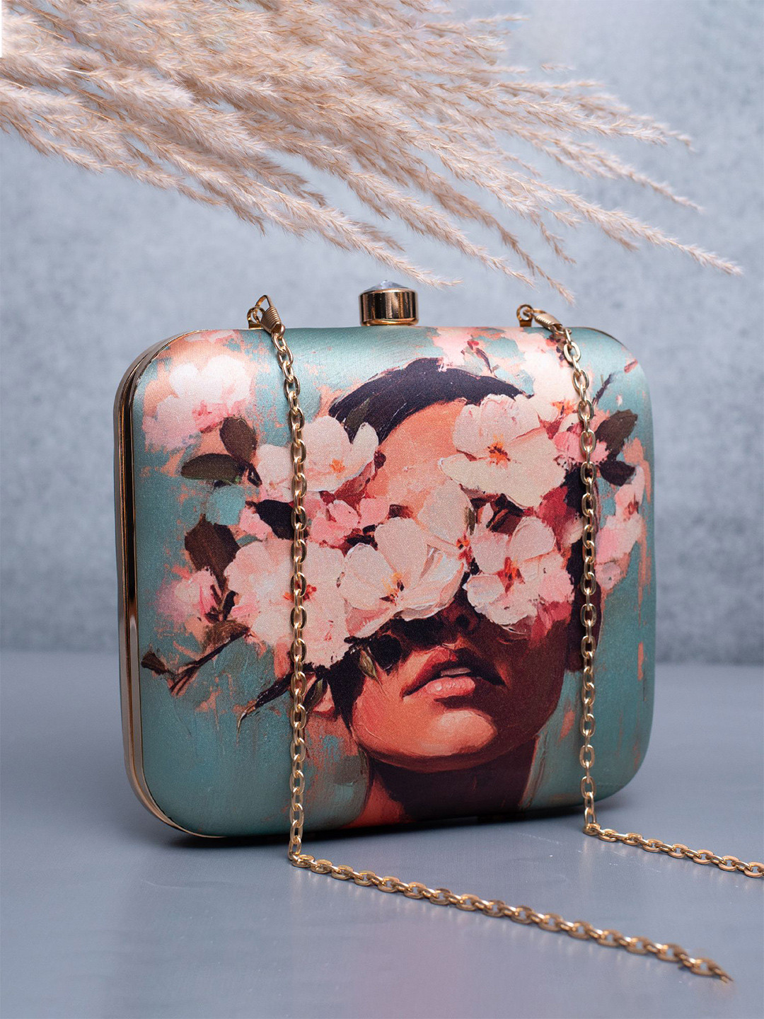 ARTKLIM Floral Girl Portrait Printed Box Clutch