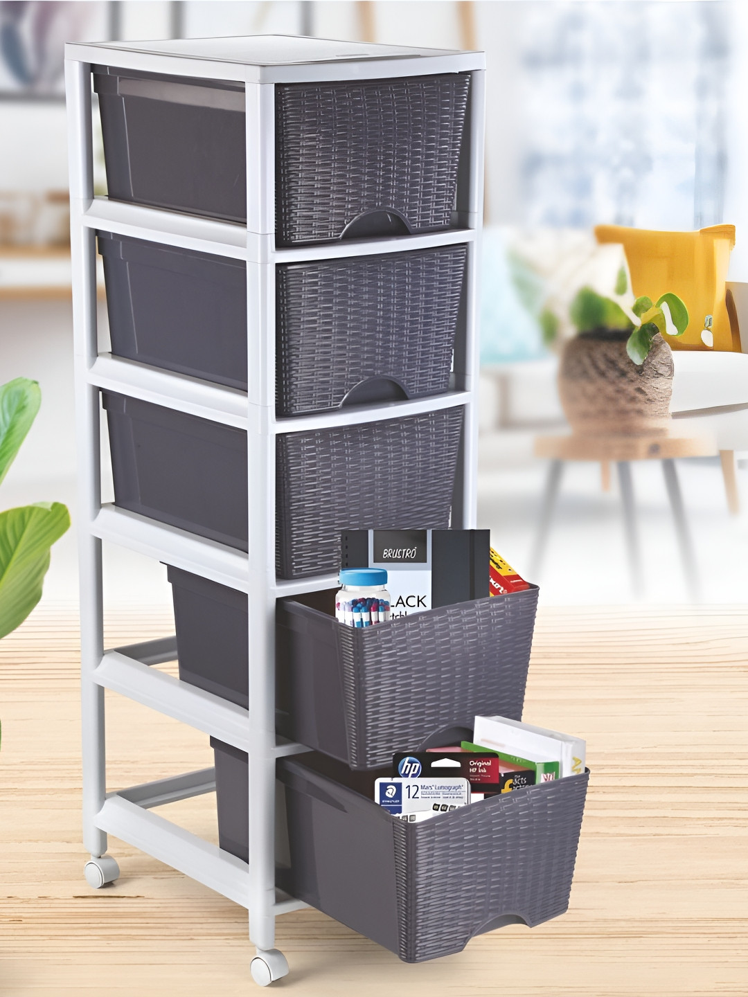 Nayasa Cane Carnival Tuckins Grey 5 Drawers Multi-Compartment Storage Organizer