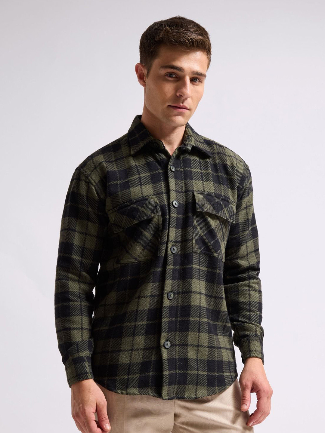 MISCHIEF MONKEY Men Checked Spread Collar Cotton Casual Shacket